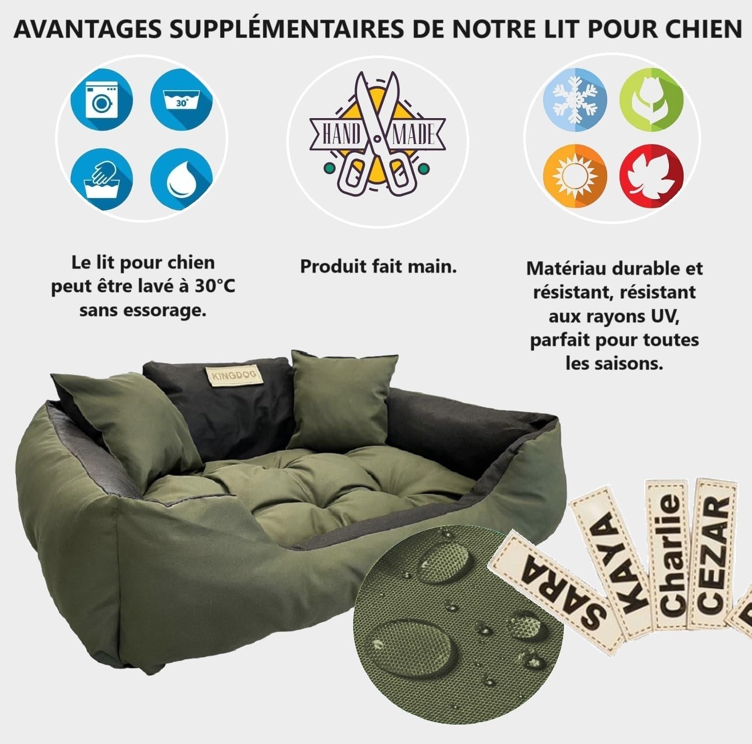 KING DOG Lit pour Grands Chiens XL 115 x 95 cm Personnalisable avec Nom Coussin Imperméable Déhoussable Lavable Canapé Confortable Moelleux Douillet Antidérapant Fabriqué en UE Couleur Vert