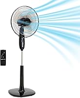 Amazon Basics 16-Inch Pedestal Fan with Remote - Quiet 3-Speed Oscillating Standing Fan, Adjustable Height, Timer for Bedroom Office