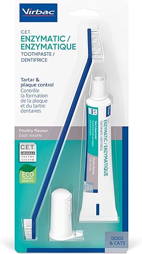 Virbac C.E.T. Kit de higiene bucal para gatos y perros | Juego de 3 piezas con cepillo de dientes de doble extremo, cepillo de dedos y sabor a aves