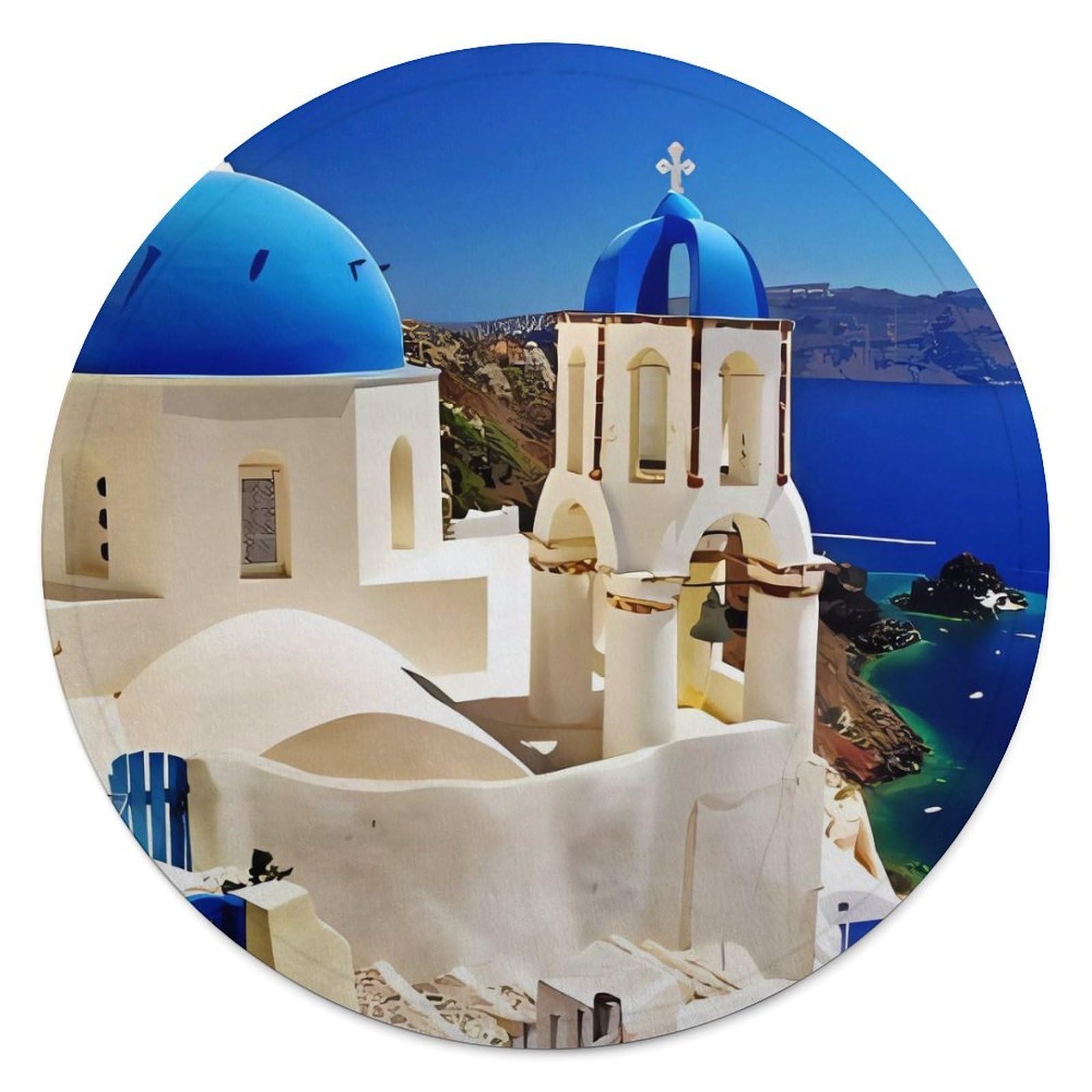 Couverture ronde flanelle 150cm Santorini imprimée vue mer pour canapé