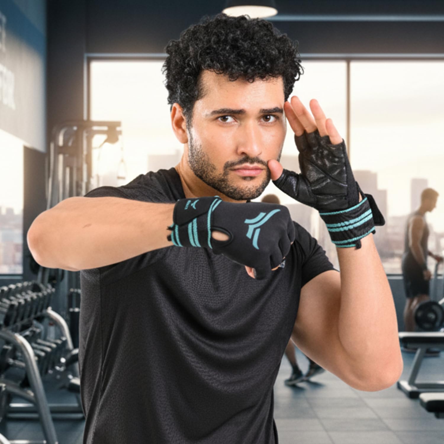 XTRIM xMacho Gym Gloves with Wrist Support Strap for Men & Women Workout, Half-Finger Hand Gloves for Weightlifting, Wrist Band for Dumbbell, Exercise & Gym Workout (L, Fits 8-8.5 Inches, Blue-Black)