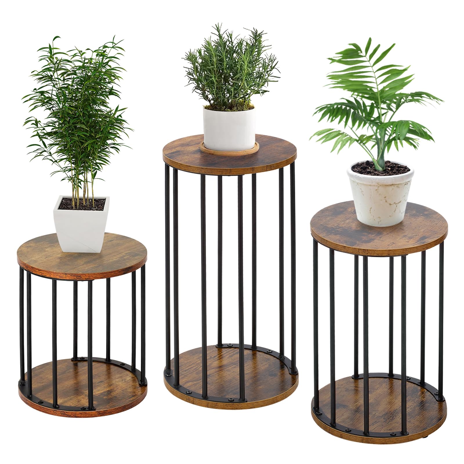 HDANI 3er-Set Rund Pflanzenständer Metall 35/45/55cm,Solider und Robuster Blumenständer für Wohnzimmer, Garten,Balkon, Blumenhocker Holzfür,Vintagebraun-Schwarz