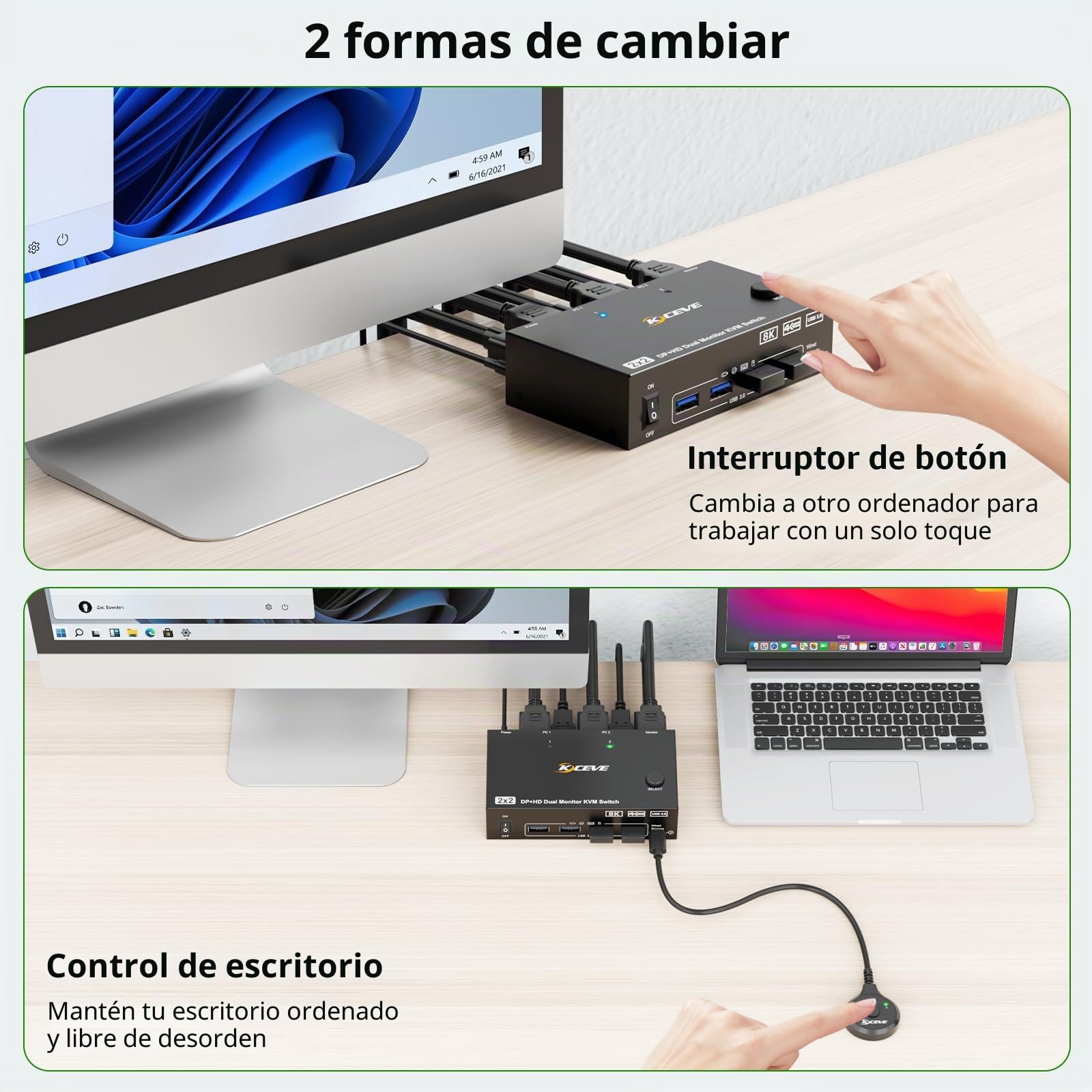 Conmutador KVM 8K 2 PC 2 monitores 8K @ 60Hz 4K @ 144Hz DisplayPort + HDMI Dual Monitores KVM Switch para 2 PC Share 2 monitores y 4 dispositivos USB 3.0, mando a distancia por cable, fuente de