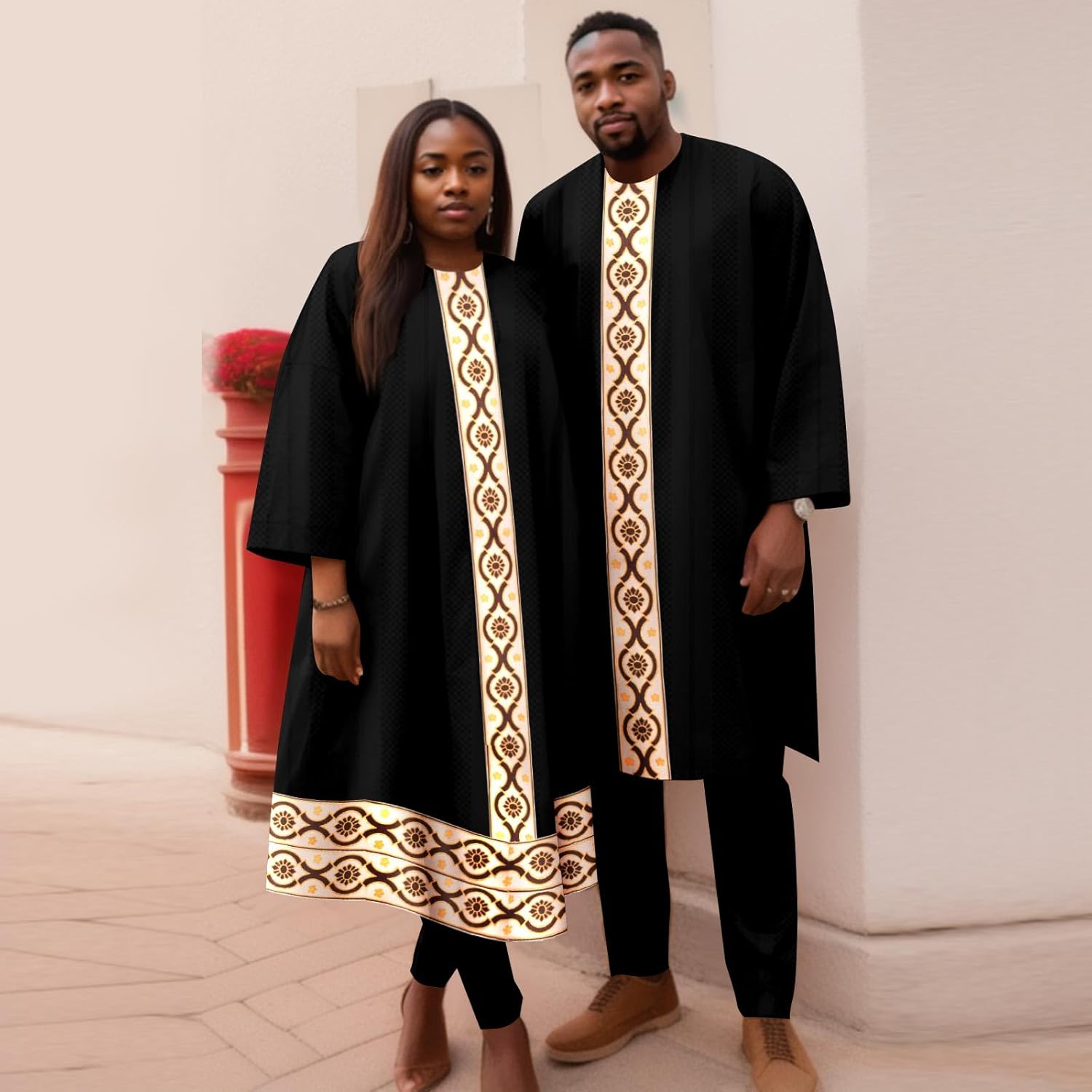 African Clothes for Couple Abaya Shirt Pants 2 Pieces for Women Matching Men's Clothing Outfits