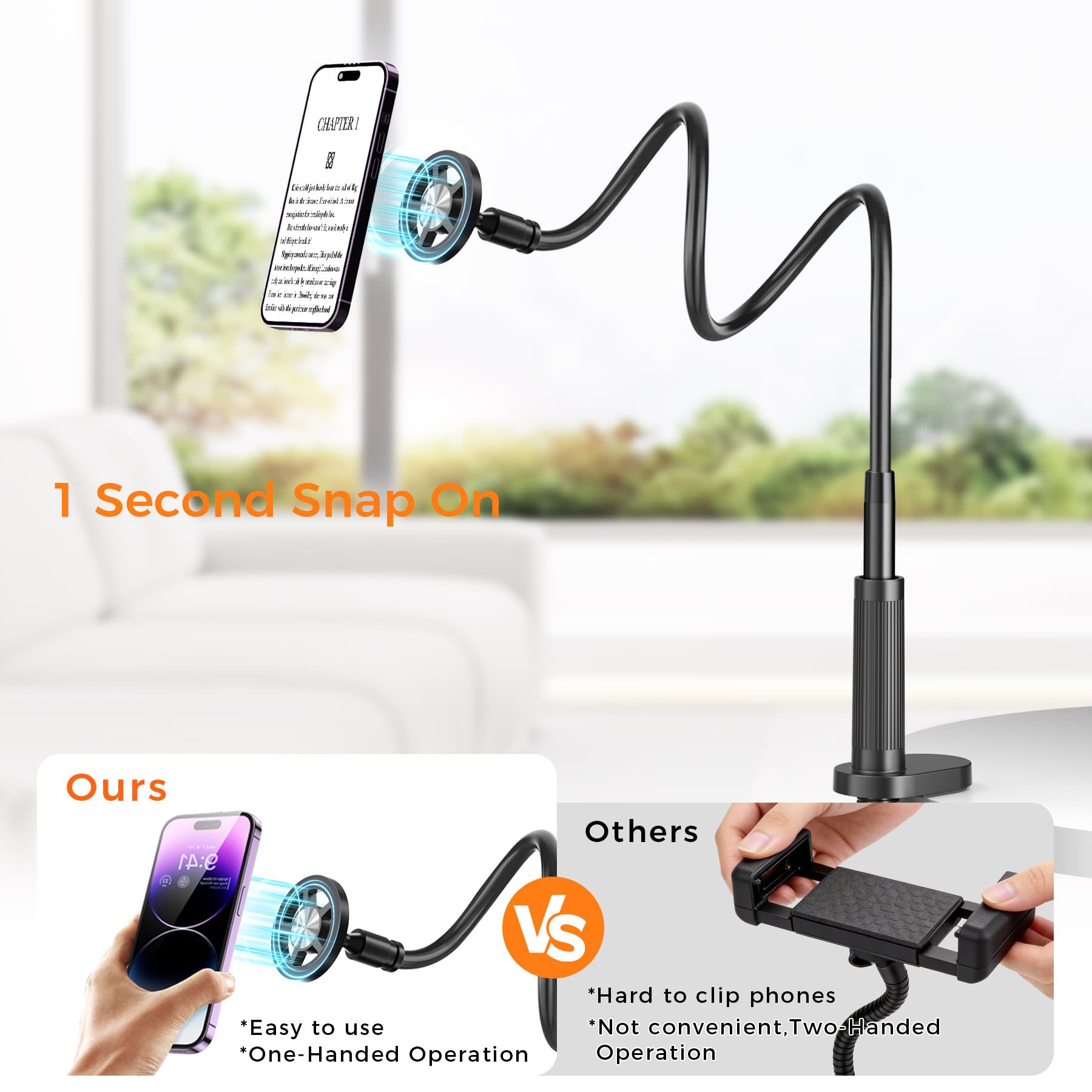 Supporto magnetico per telefono da letto sdraiato con girapagine, supporto per telefono cellulare a collo di cigno con clicker da lettura, braccio lungo flessibile a 360° con anello di