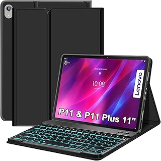 Backlit Keyboard Case for Lenovo Tab P11 Plus 2021(TB-J607) & P11 2020 (TB-J606F/ TB-J606X) 11", Premium PU Leather Cover with 7 Colors Backlight Magnetic Detachable Wireless Keyboard (Black)