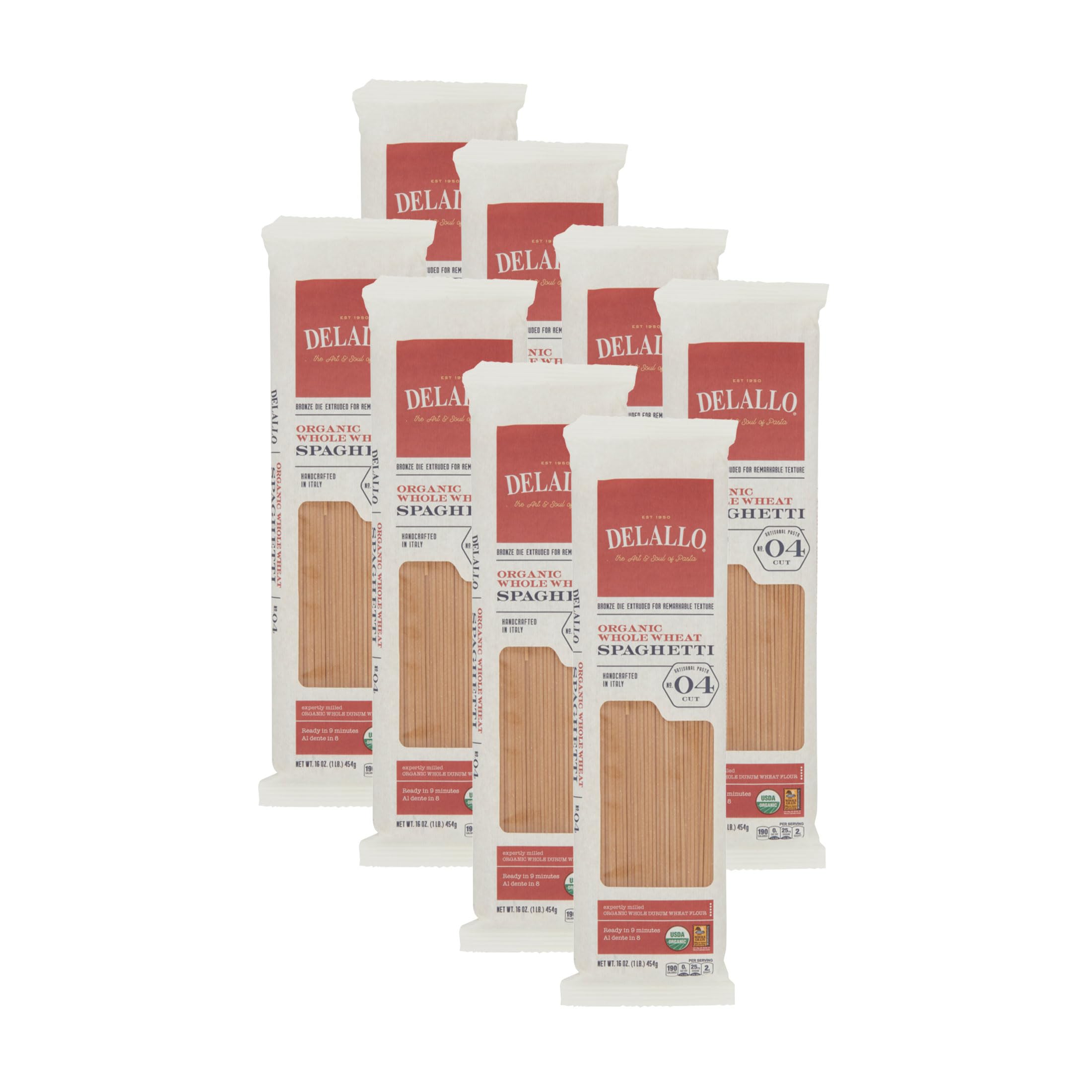 DeLallo Whole Wheat Spaghetti, 1 Pound Bag, 8 Pack, 100% Organic Noodles, Pasta from Italy, Whole Grain, Cooks Al Dente