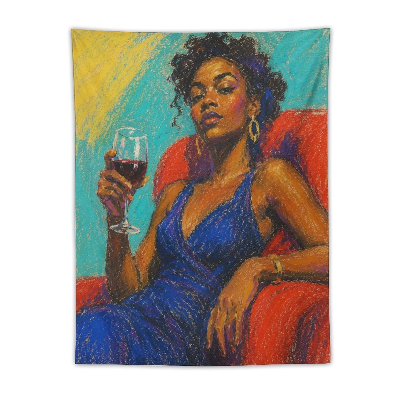 W7C8U2X3 Black Woman in Blue Dress Wall Tapestry, Realistic Illustration
