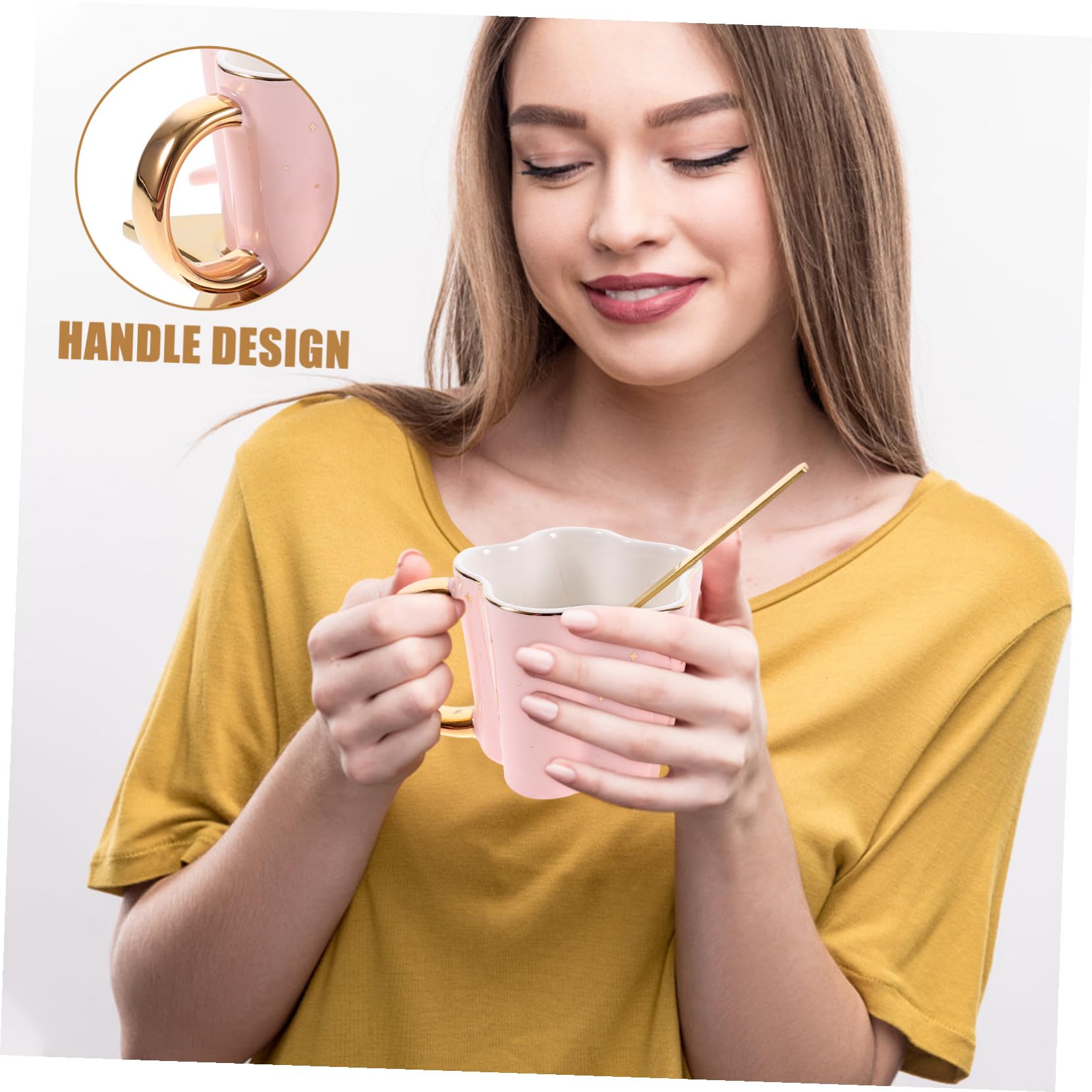 Tazza da Caffè in Ceramica 120ml con Cucchiaio e Piattino | Tazzine da Caffe Particolari, Set 1 Pezzo, Piattino a Forma di Luna e Stella, Colore Rosa