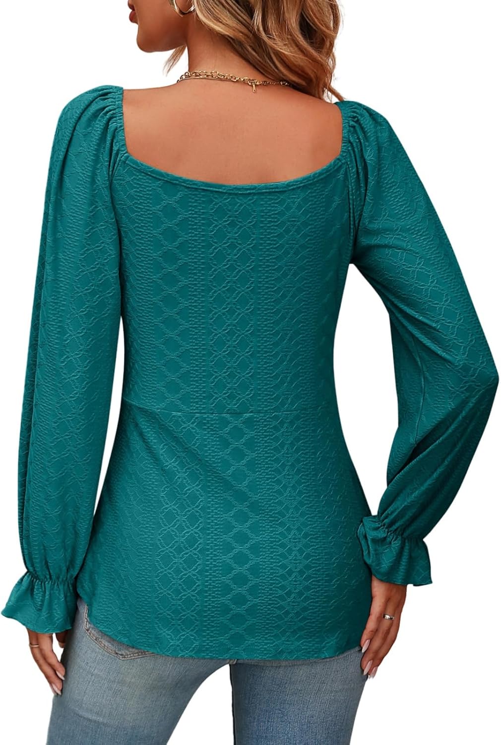 AMOMA Women Casual Tie Front Ruched Drawstring Long Sleeve Jacquard Shirt Elegant Flowy Tunic Tops(L,PeacockBlue) - Image 4