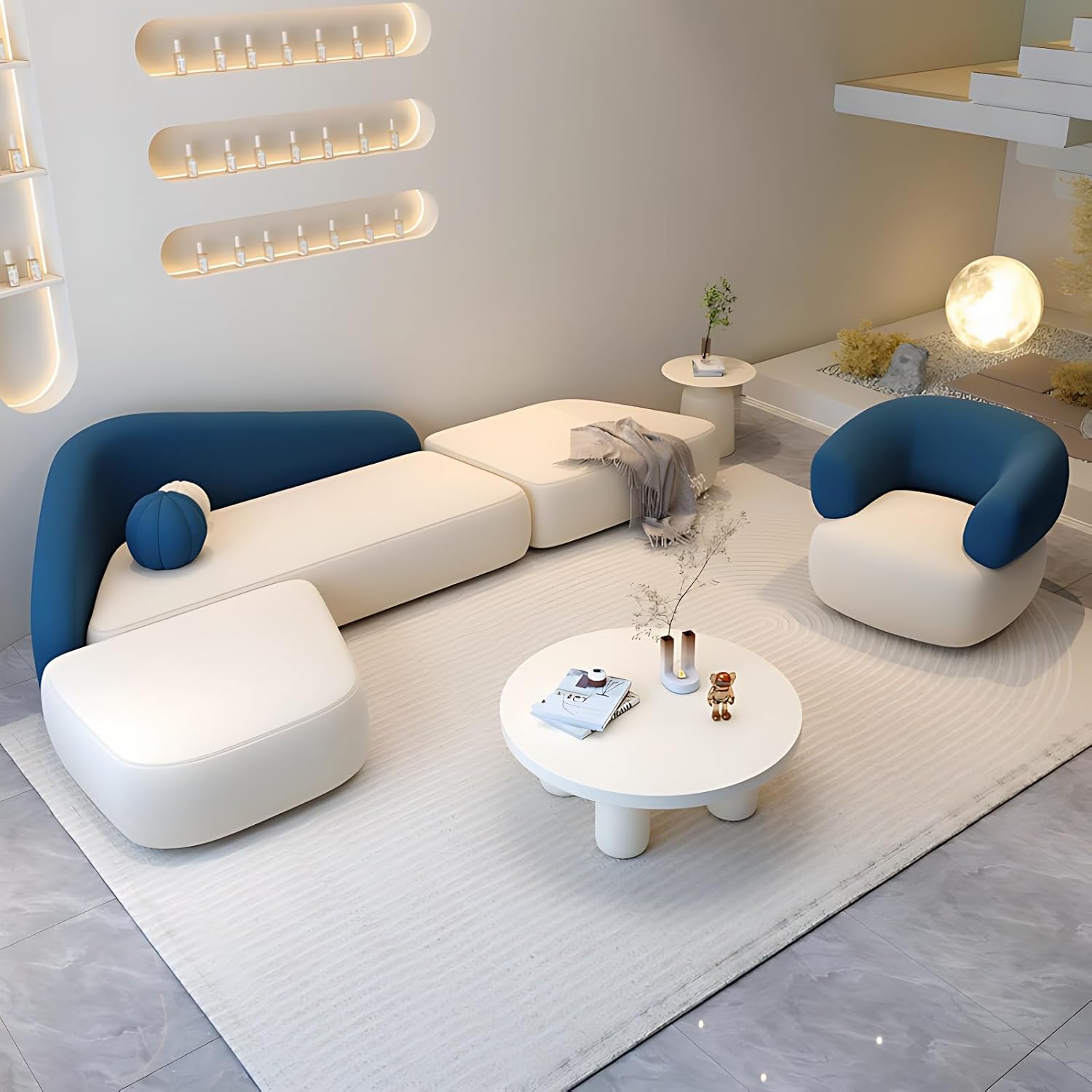 Modern Curved Sectional Sofa Set, Leather Sectional Couch, Sectional Couches for Living Room, Includes Coffee Table (Curved Sofa+Chair E+Coffee Table, 140IN)