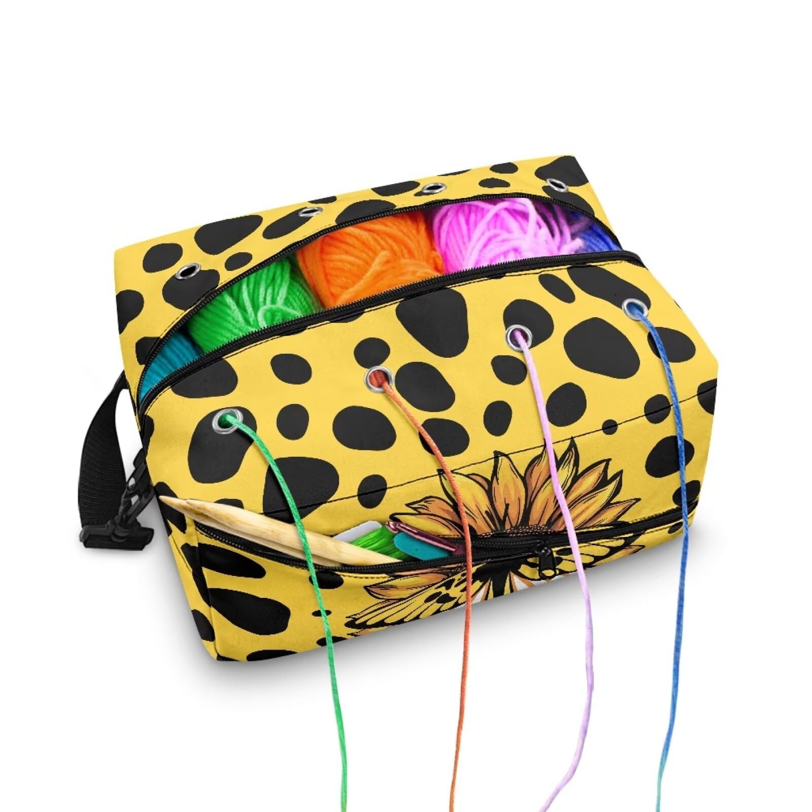 Drnuikhe Large Capacity Crochet Bag for Beginners/Professionals Large Capacity Crochet Tote Bag for Knitting Needles, Crochet Hooks and Other Accessories Yellow Speckled Daisies