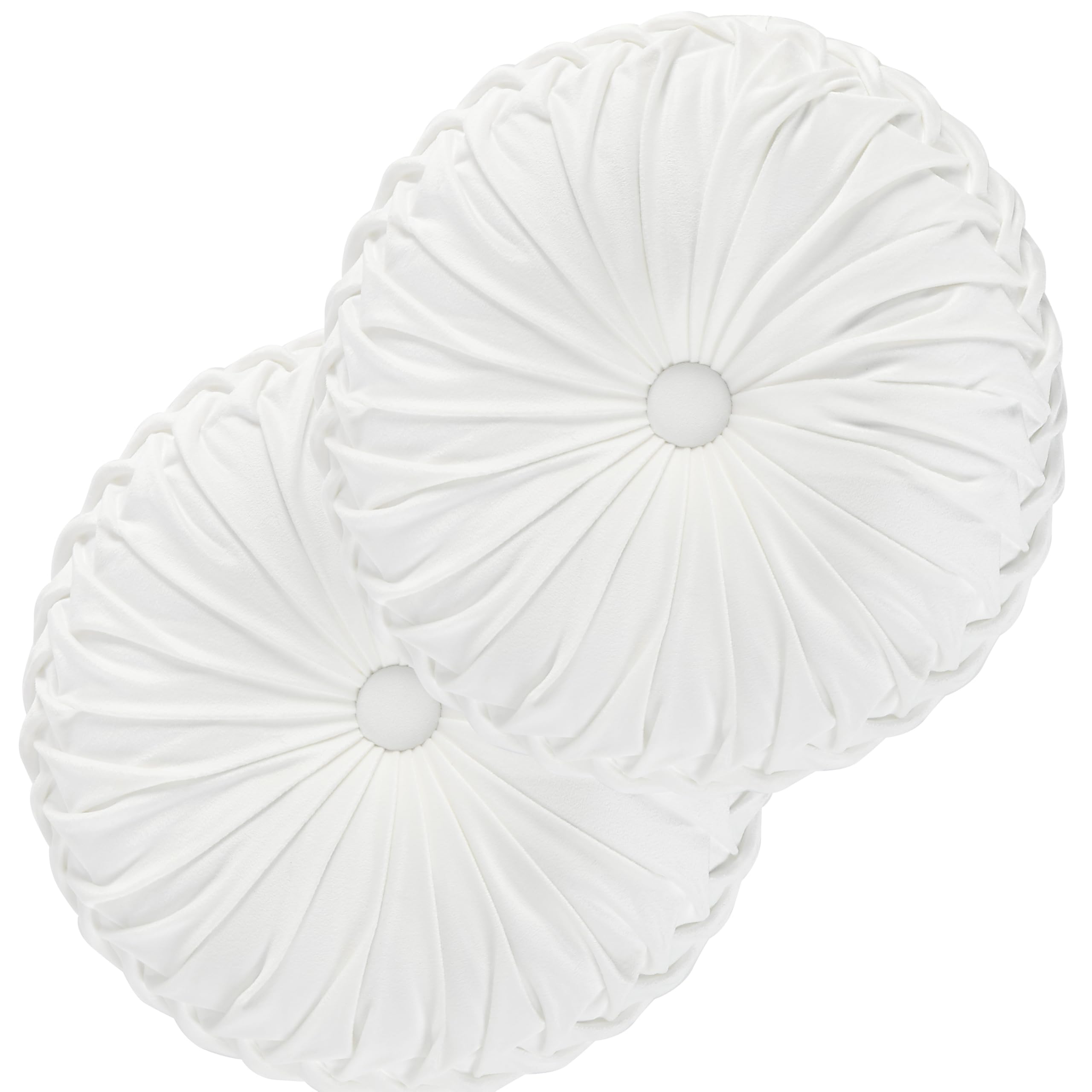 HIG Set of 2 Off White Velvet Decorative Round Pleated Throw Pillows