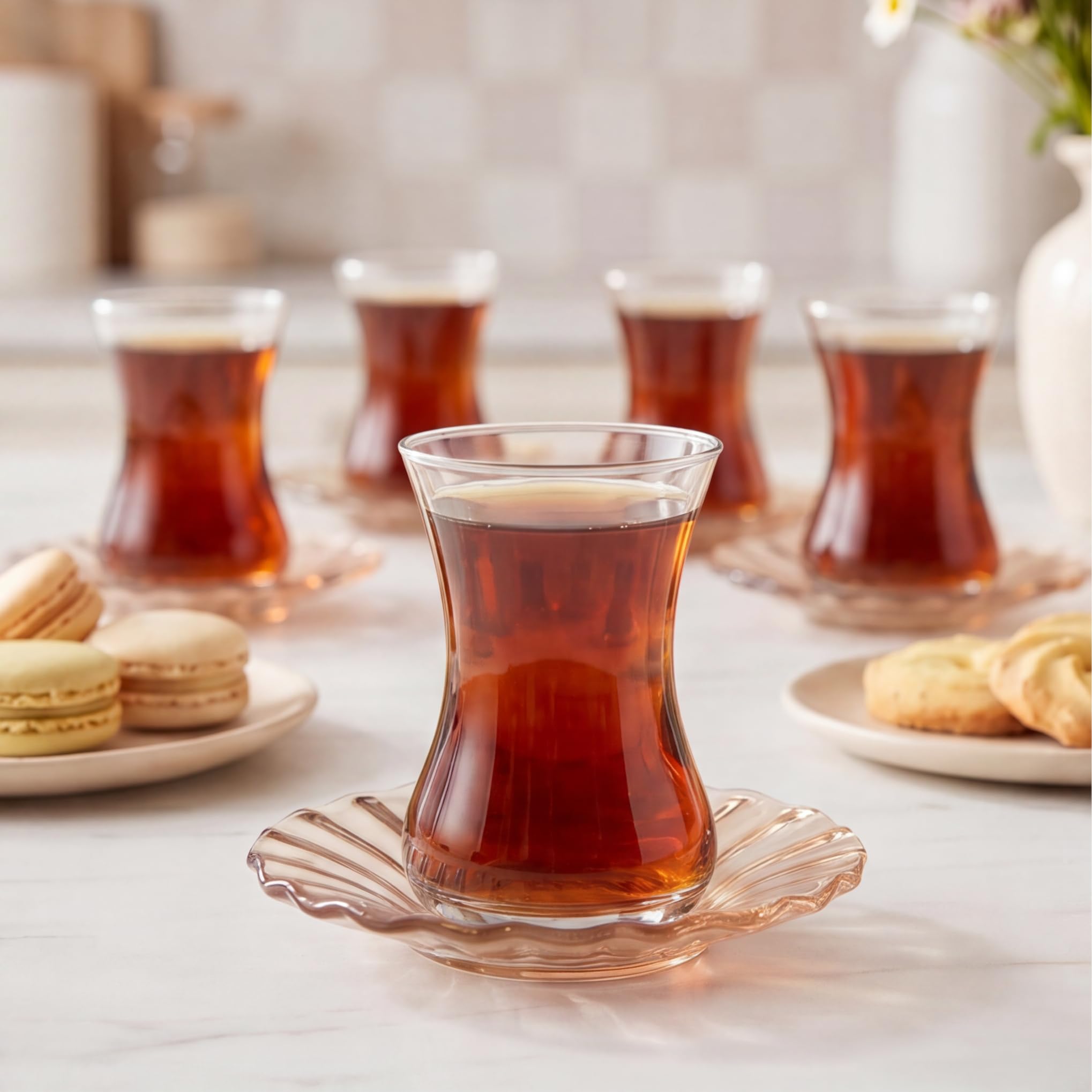 Karaca Luna 12-Piece Turkish Tea Glasses for 6 People, 130ml Glass Tea Cups with Elegant Light Brown Glass Saucers