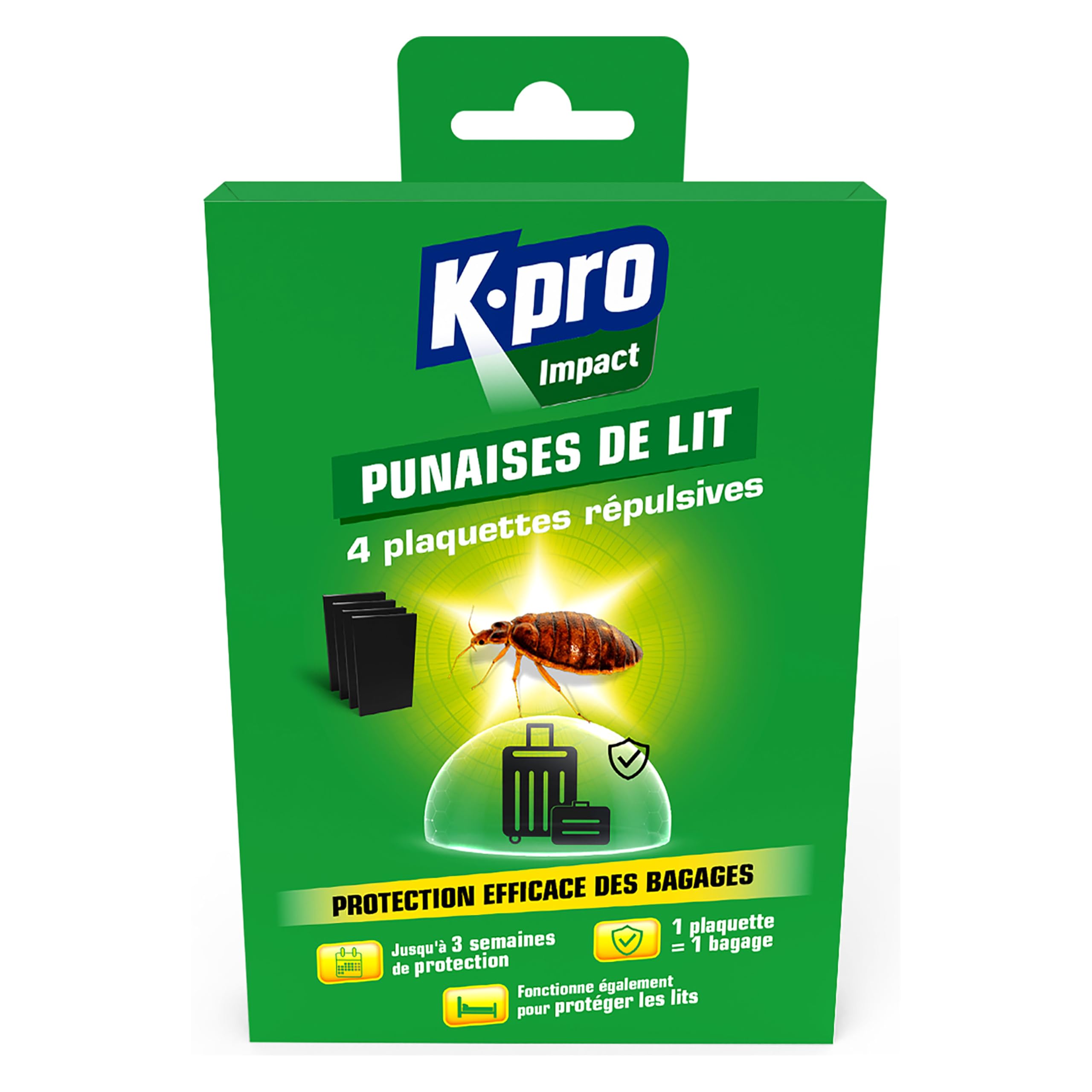 K.PRO Plaquettes répulsives punaises de lit, 4 plaquettes, protège bagages et lits, jusqu'à 3 semaines de protection, 1 plaquette = 1 bagage, intérieur