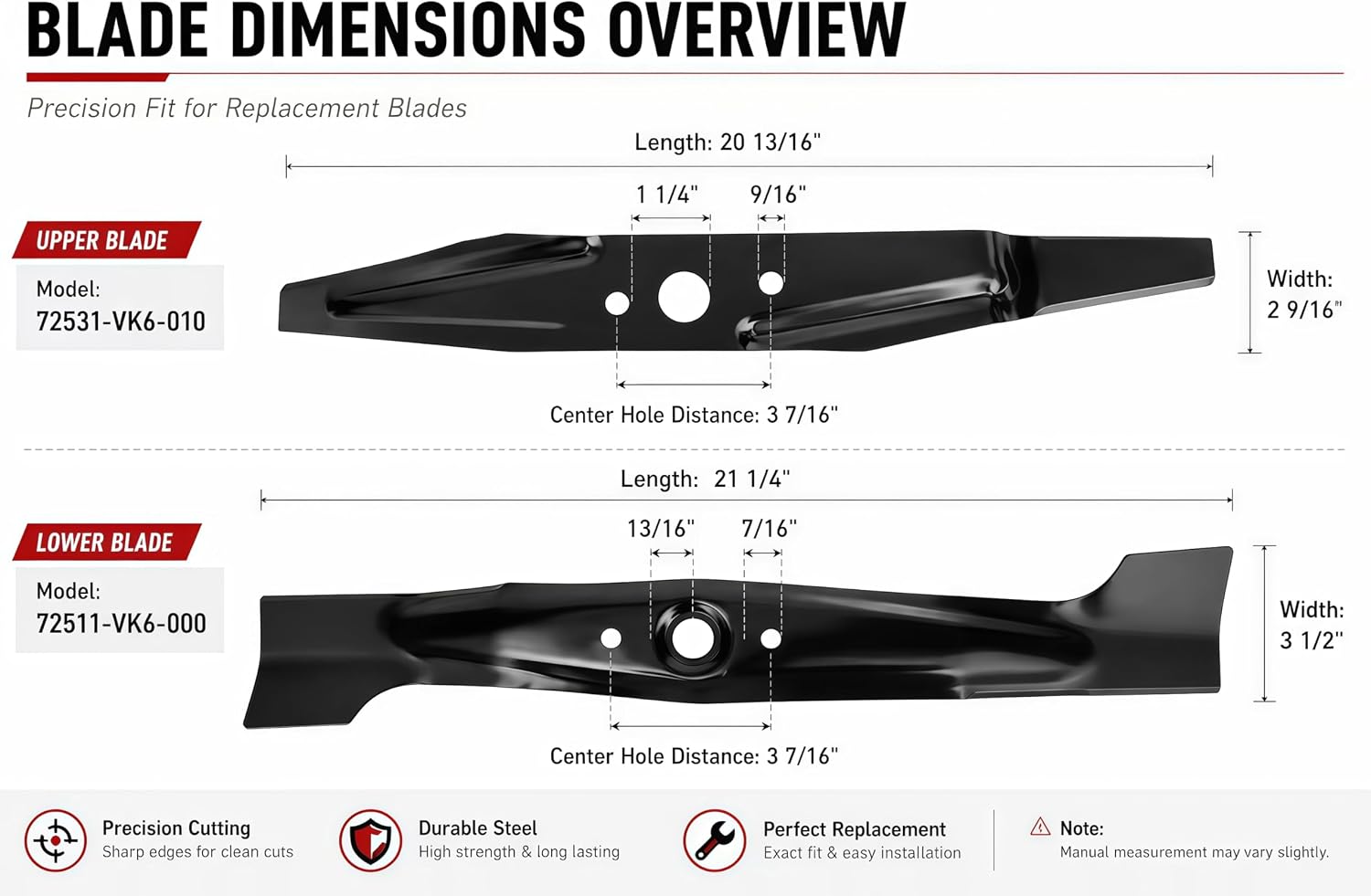 KBZ 72511-VK6-000 and 72531-VK6-010 Lawn Mower Blades Compatiable with Honda HRC216K2 HXA, HRC216K2 PDA, HRC216K3 HXA, HRC216K3 PDA3 Mulching Blade Set