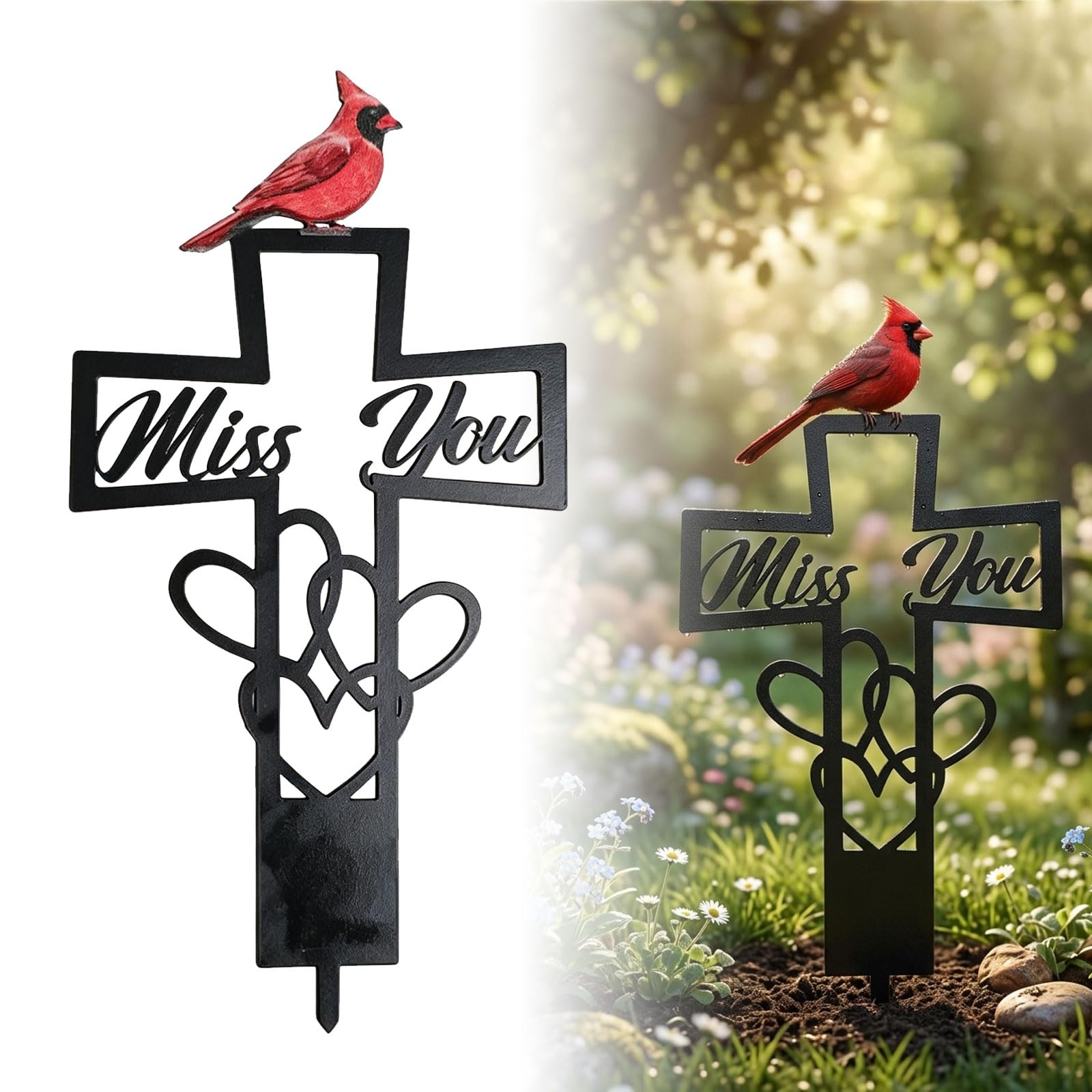 Higijapuf Grave Ornaments Memorial Plaque, Metal Grave Decorations With Cross Heart And Redbird, Remembrance Plaque For Graves Cemetery Garden Outdoor Stake, Thoughtful Gift For Grieving