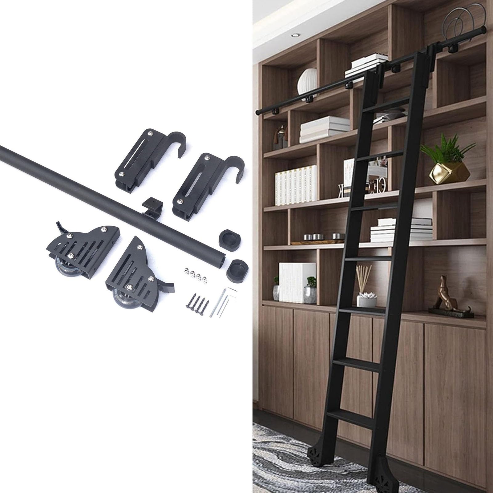 Kit quincaillerie pour échelle roulante de bibliothèque coulissante noire 1-8m
