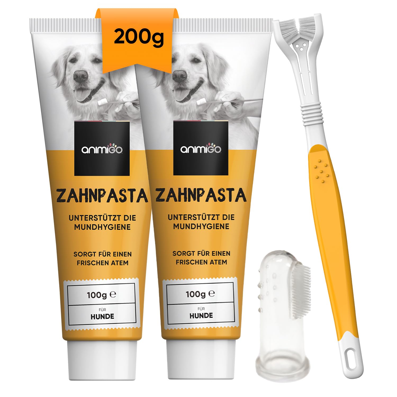 animigo 2X Hundezahnpasta (je 100g), 1x dreiköpfige Hundezahnbürste & 1x Fingerzahnbürste - Gegen Plaque & Zahnstein - Ohne Zuckerzusatz, künstliche Farbstoffe & Aromen - Ohne Fluorid oder Xylitol