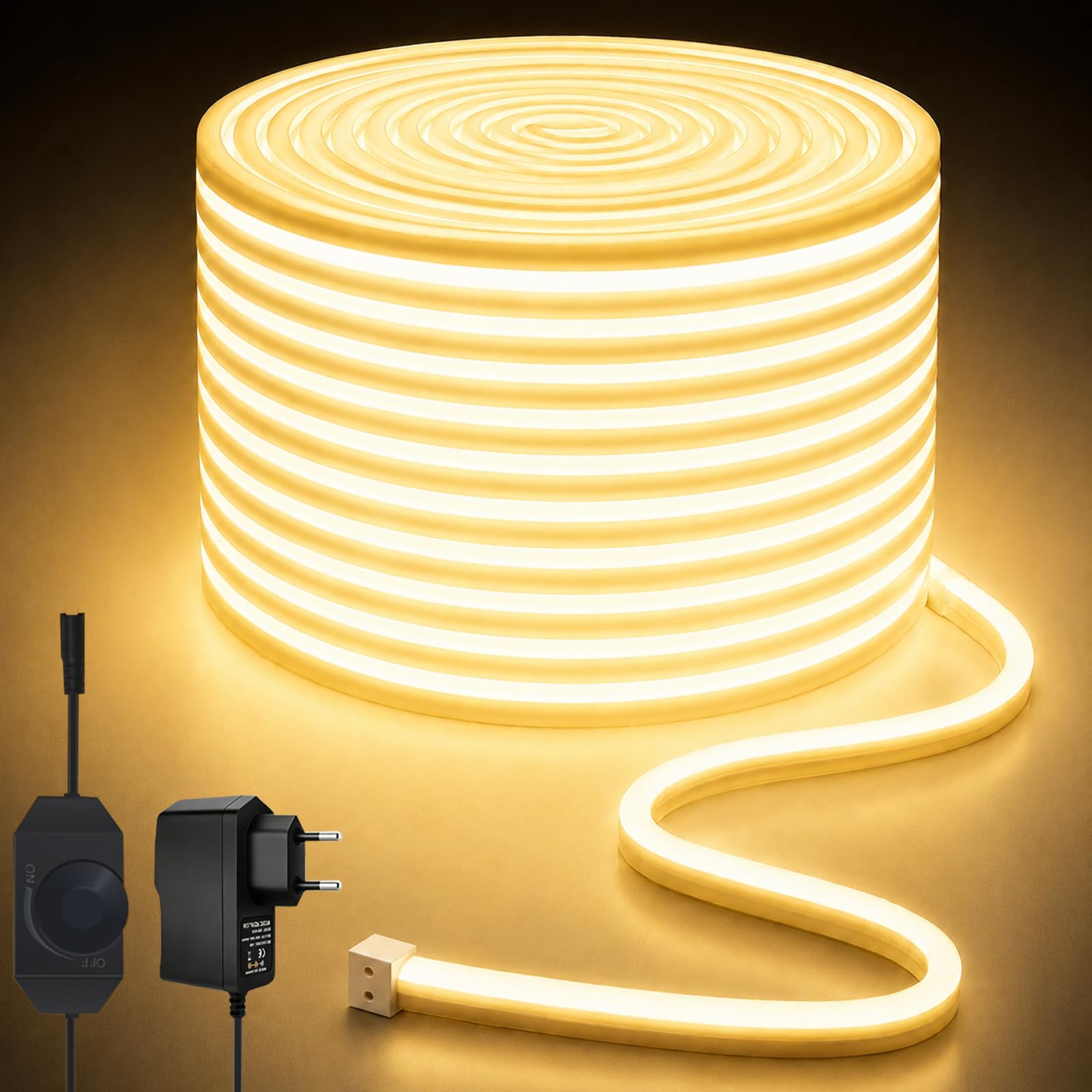 Lucienstar Luci a stringa al neon, 15 m, 3000K, bianco caldo, strisce LED dimmerabili, 24V, flessibili, ritagliabili, impermeabili IP65, per camere da letto, uso interno ed esterno