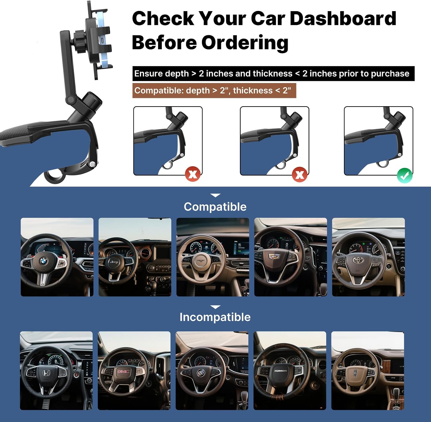 Universal Car Phone Holder Mount, 2026 Upgrade 360 Degree Rotation Multifunctional Phone Clip Design, Dashboard Cell Phone Stand for 4 to 7" Smartphones (Black)