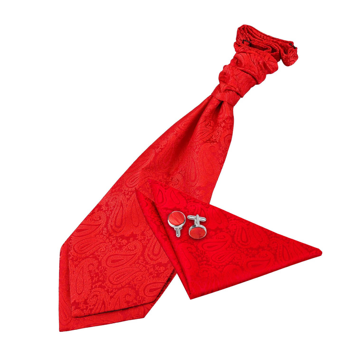 Dqt Men's Red Paisley Floral Jacquard Pre-Tied Scrunchie Cravat, Pocket Square & Cufflinks Set (3Pc) - Wedding, Business & Formal