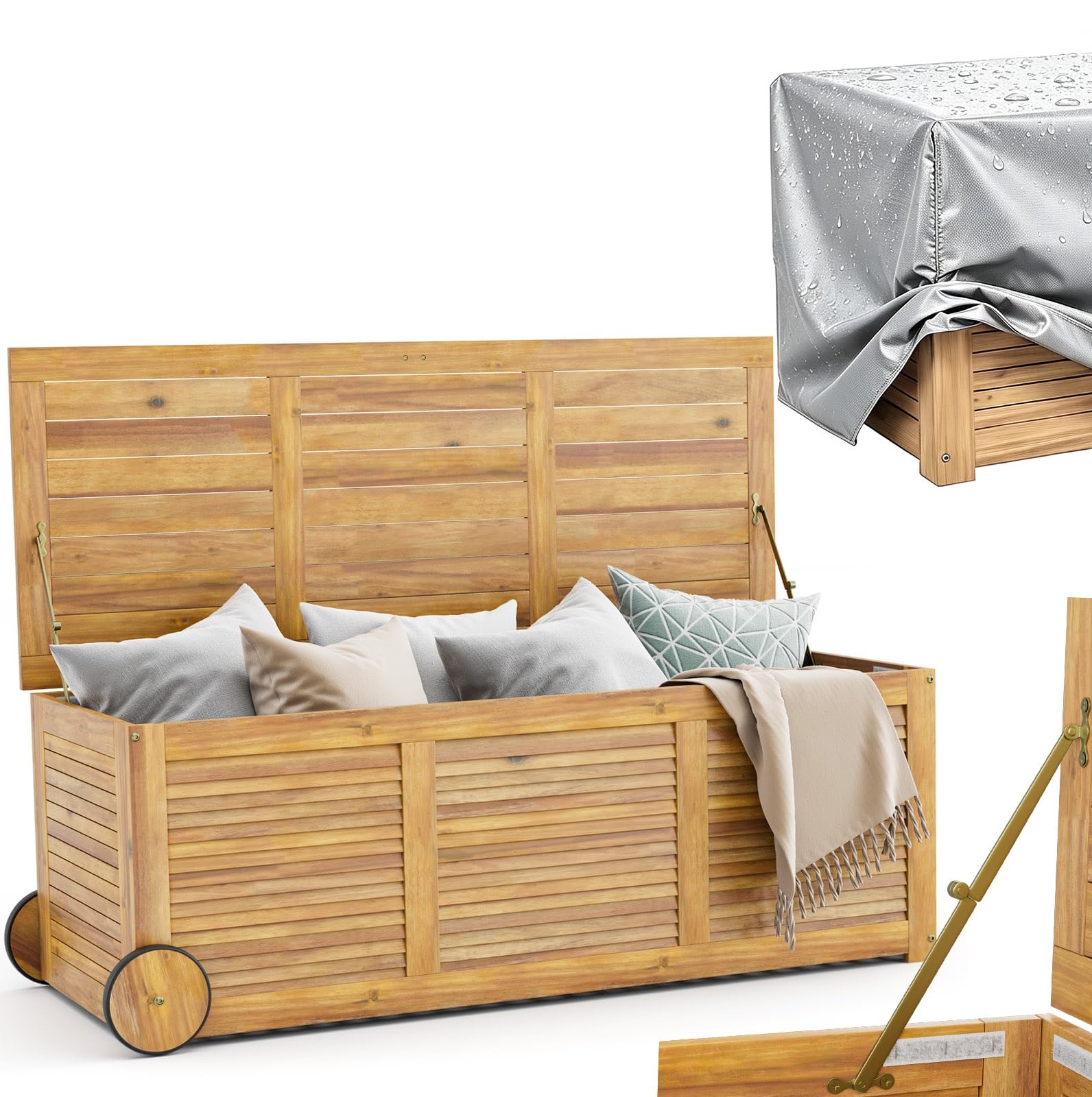GIANTEX Gartenbox Holz Auflagenbox Gartentruhe Kissenbox Holzbox Garten | Wetterfest mit Abdeck- & Innenplane, Mobil mit Rollen & Griff, Aufbewahrungsbox Garten, Holztruhe Outdoor, für Gartenauflagen