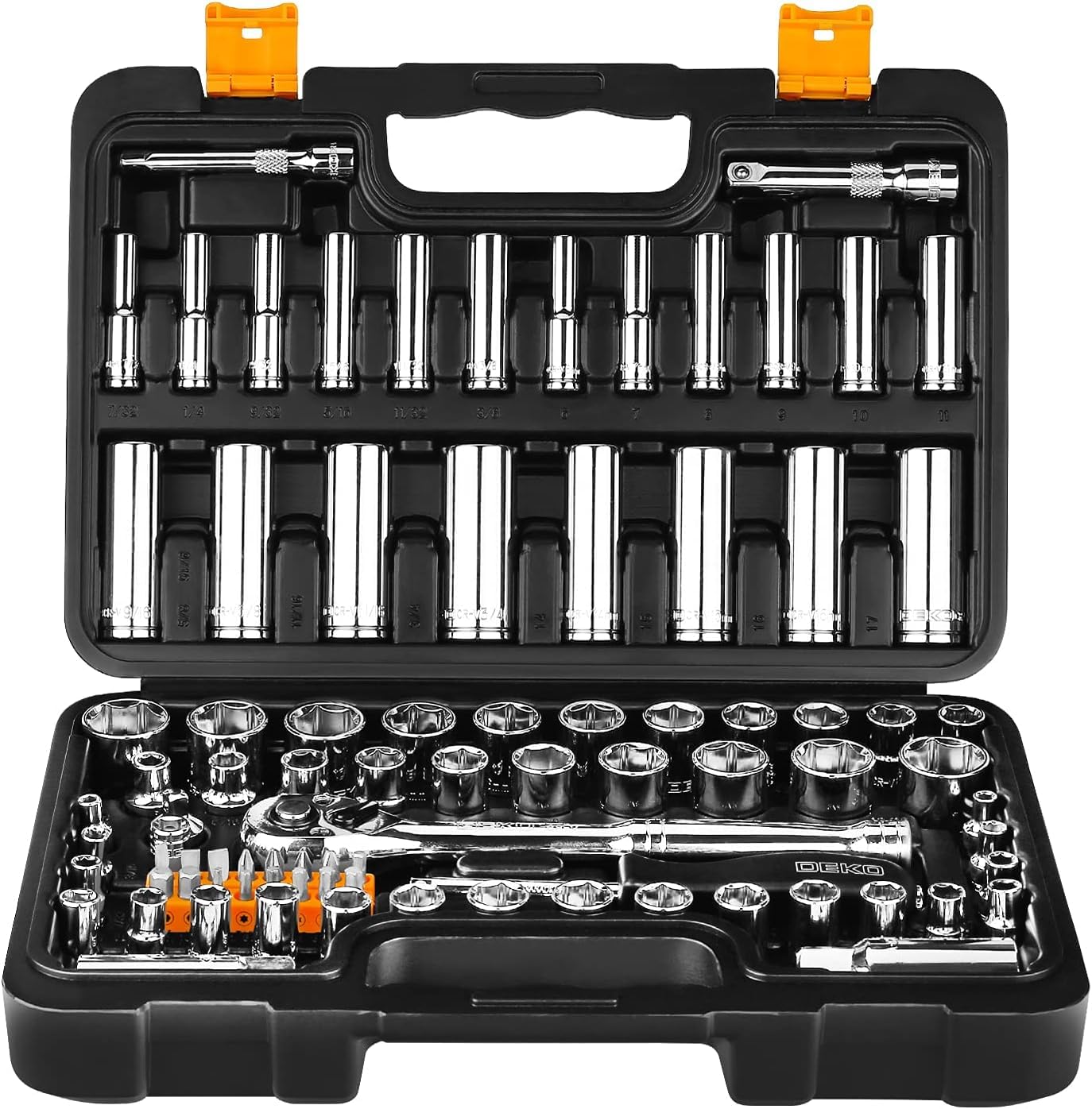 85PCS 1/4" and 3/8" Drive Impact Socket Wrench Ratchet Tool Set: Deep & Shallow Kit, SAE & Metric Sockets with Quick-Release Ratchet Handle and Extension Bar for Car Repair and Home Use