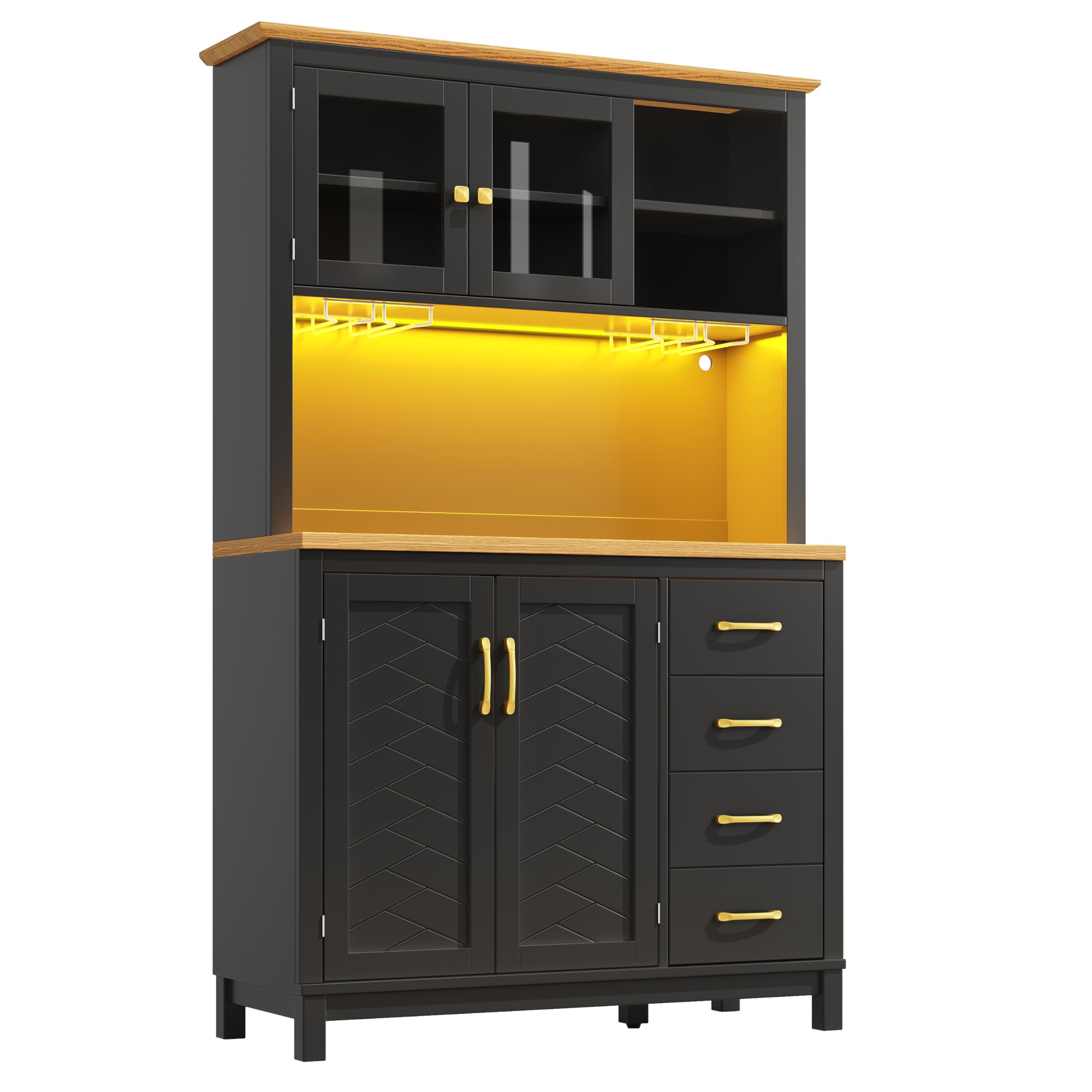 Mobile da cucina a buffet, 105,5 x 40 x 180 cm, stile rustico, 4 ante, con striscia luminosa a LED e porta bevande, verde/nero/bianco