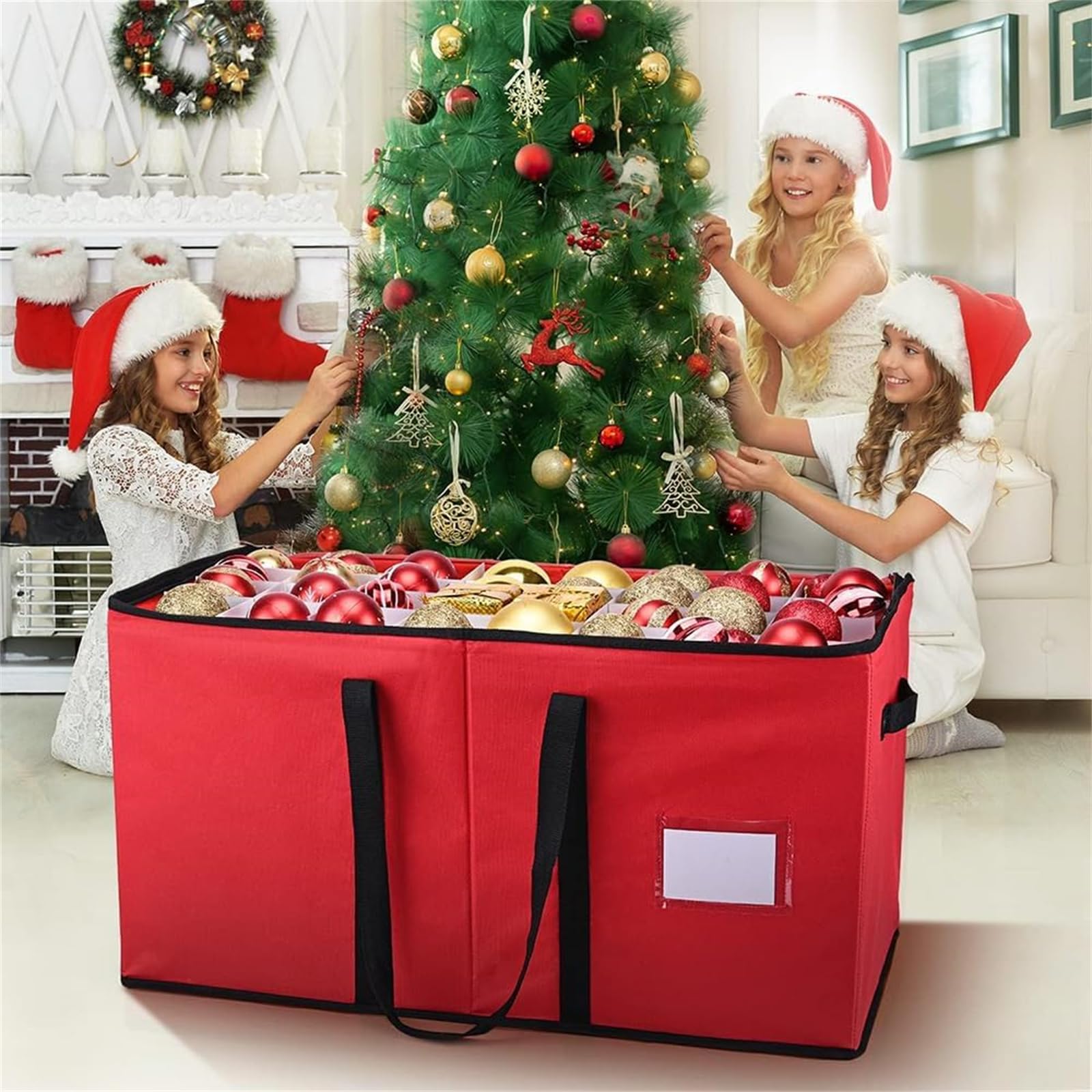 Highdi Weihnachtskugeln Aufbewahrung mit Verstellbaren Trennwänden, 128 Fächer Aufbewahrungsbox für Christbaumschmuck Faltbar mit Deckel Behälter für Urlaub und Zubehör (Rot,66 * 33 * 34cm)