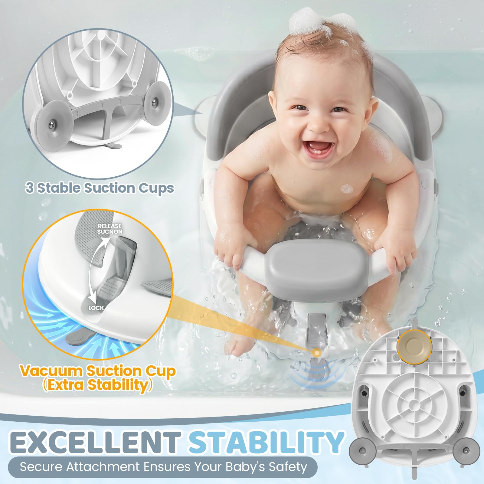 Orzbow Asiento Bañera Bebe de 6 a 24 Meses con Pegatina Temperatura, Gris