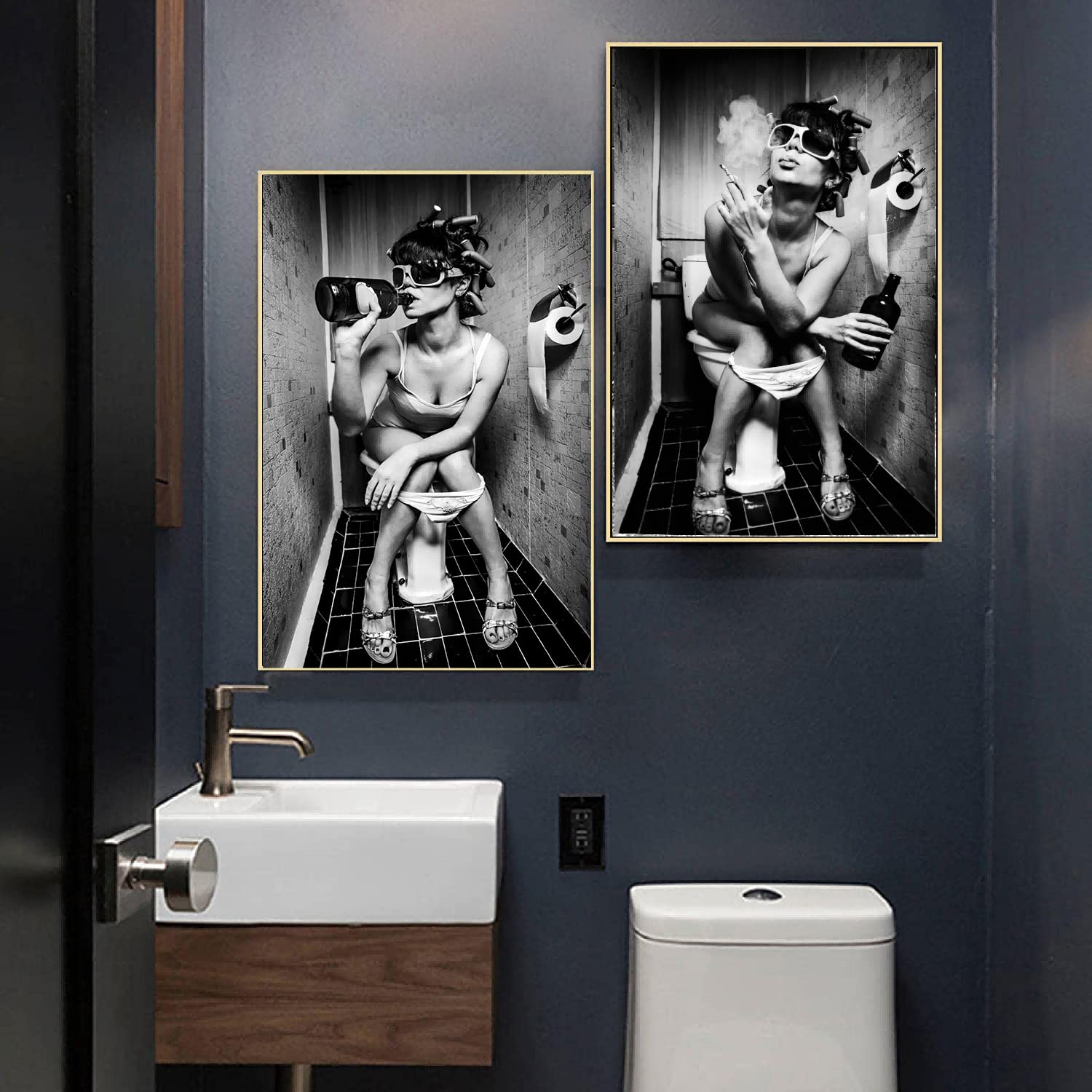WADBTP Immagini per il bagno, Immagini in bianco e nero, Moderne immagini decorative divertenti per soggiorno, bagno, camera da letto - Senza cornice (2 pezzi-HB2, 2 pezzi-70x100cm)