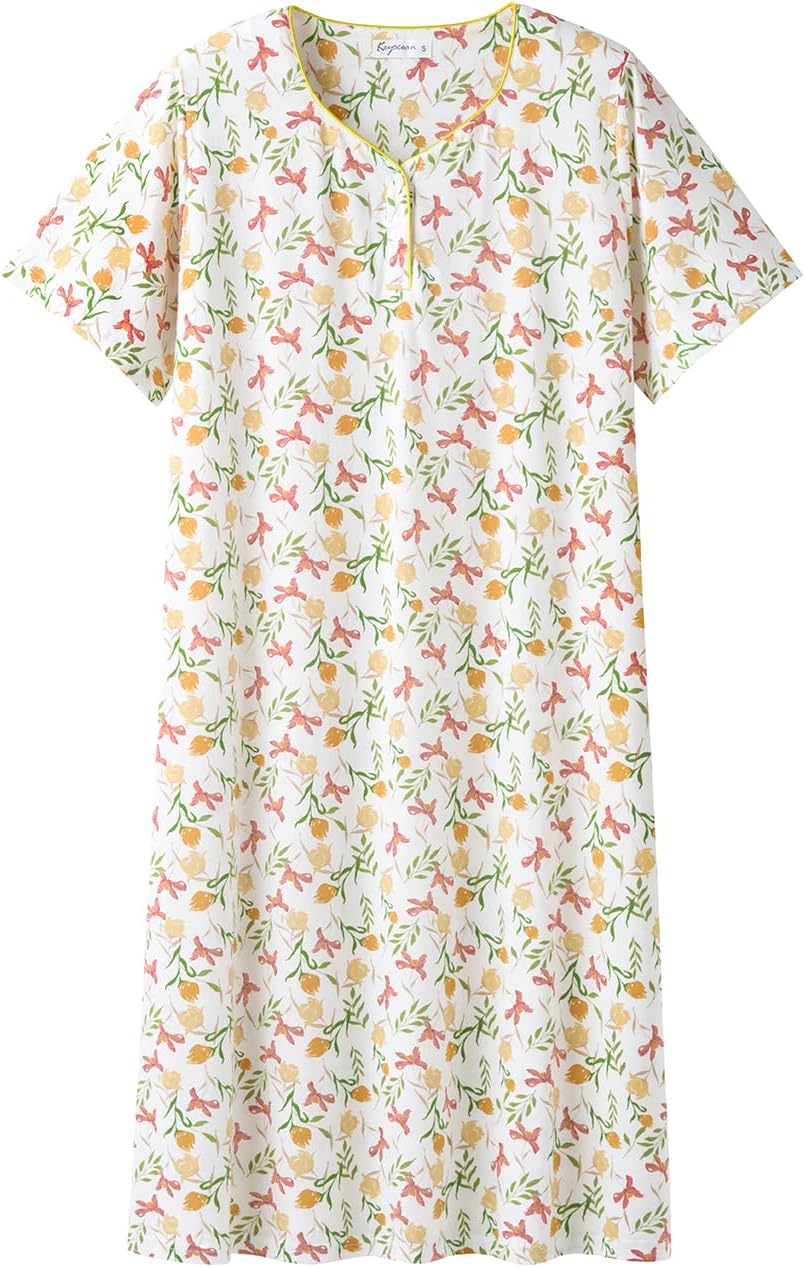 Keyocean Womens Nightgown for Summer - Soft Cotton Comfortable Short Sleeve Lightweight Floral Sleepwear & Loungewear (M-XXL)