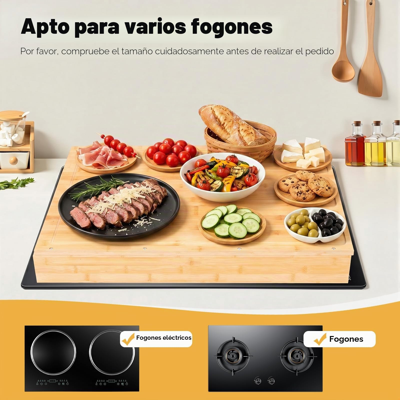 Cubierta de cocina de madera con 4 pies de apoyo extraíbles, cubierta de cocina, cubierta multifuncional, para la mayoría de cocinas de gas y eléctricas, 75 x 54 x 10 cm