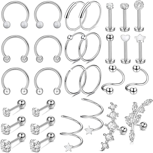 MILACOLATO 30Pcs Helix Piercing Cartilage Earring, Stud Hoop for Women Men Tragus Stud Earring Twist Spiral Cartilage Piercing Jewelry Surgical Stainless Steel Forward Helix Hoop Conch 16G 20G
