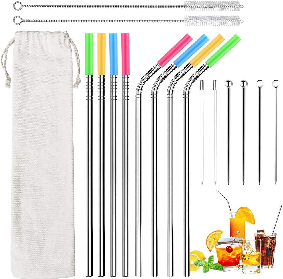 Reusable Straw,8 Stainless Steel Drinking Straws,8.5" Metal Straws with 8 Soft Silicone Tips,6 Cocktail Picks,2 Cleaning Brushes(4 Straight|4 Bent)