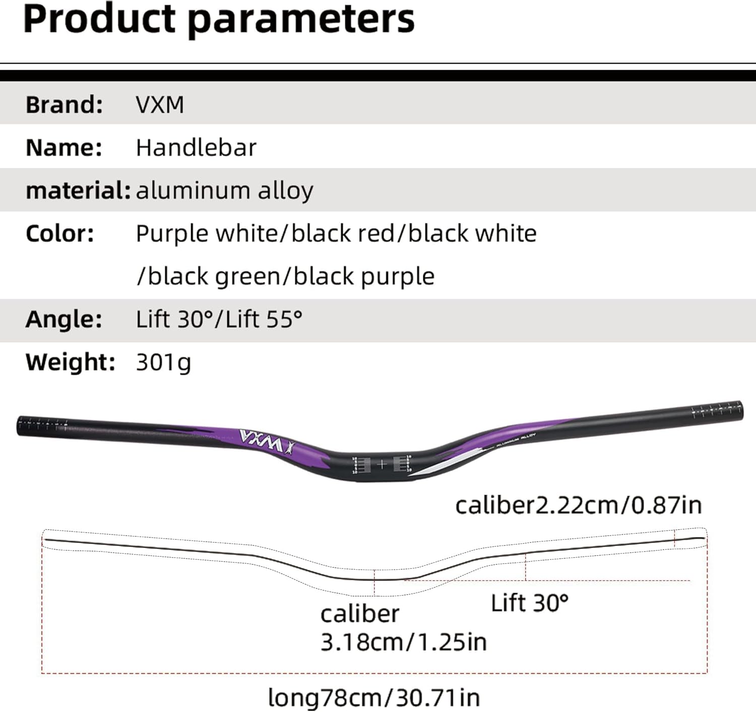 31.8mmBike Handlebar 30mm Riser Handlebars,Aluminum Alloy Mountain Bicycle Handlebar Extra Long（780mm 30mmRiser）Black Purple
