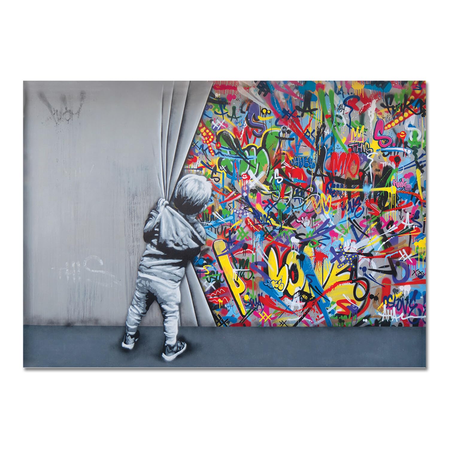 Giallobus - Impression sur toile - Banksy - L'enfant ouvre le rideau - Verre acrylique - 140x100 - Prêt à accrocher - Peintures pour la maison