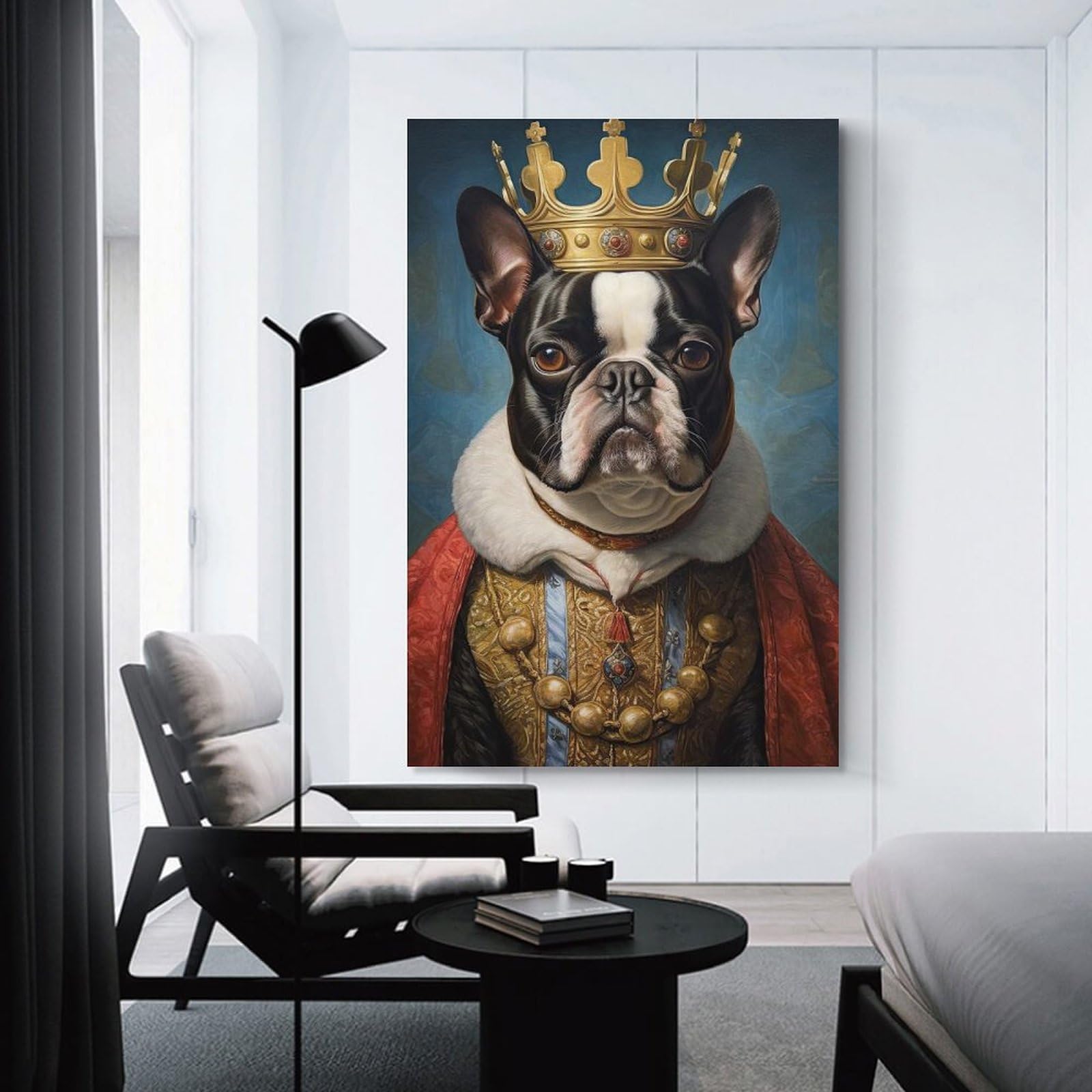 Junmoney Boston Terrier The King Hanging Wall Art 20x30inch(50x75cm), for Lounge, Bedroom Or Personal Spaces, Home Decor Gift with Stylish Appeal