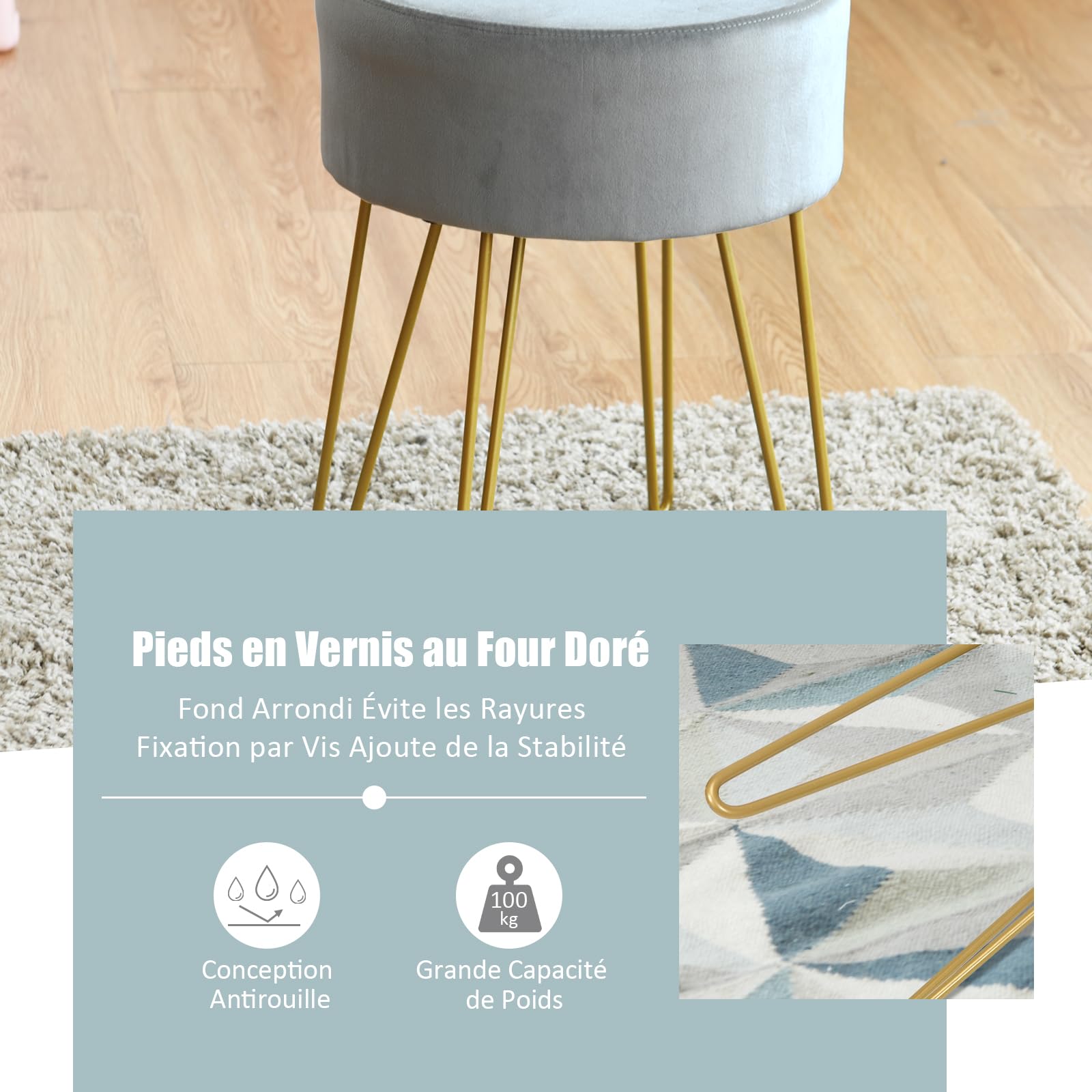 GIANTEX Tabouret Coiffeuse en Velours, Chaise Coiffeuse Chambre avec Pieds Dorés en Métal, Pouf Ottoman Rond, Repose-Pieds, Tabouret Velours pour Chambre, Salon, Vestiaire (Gris)