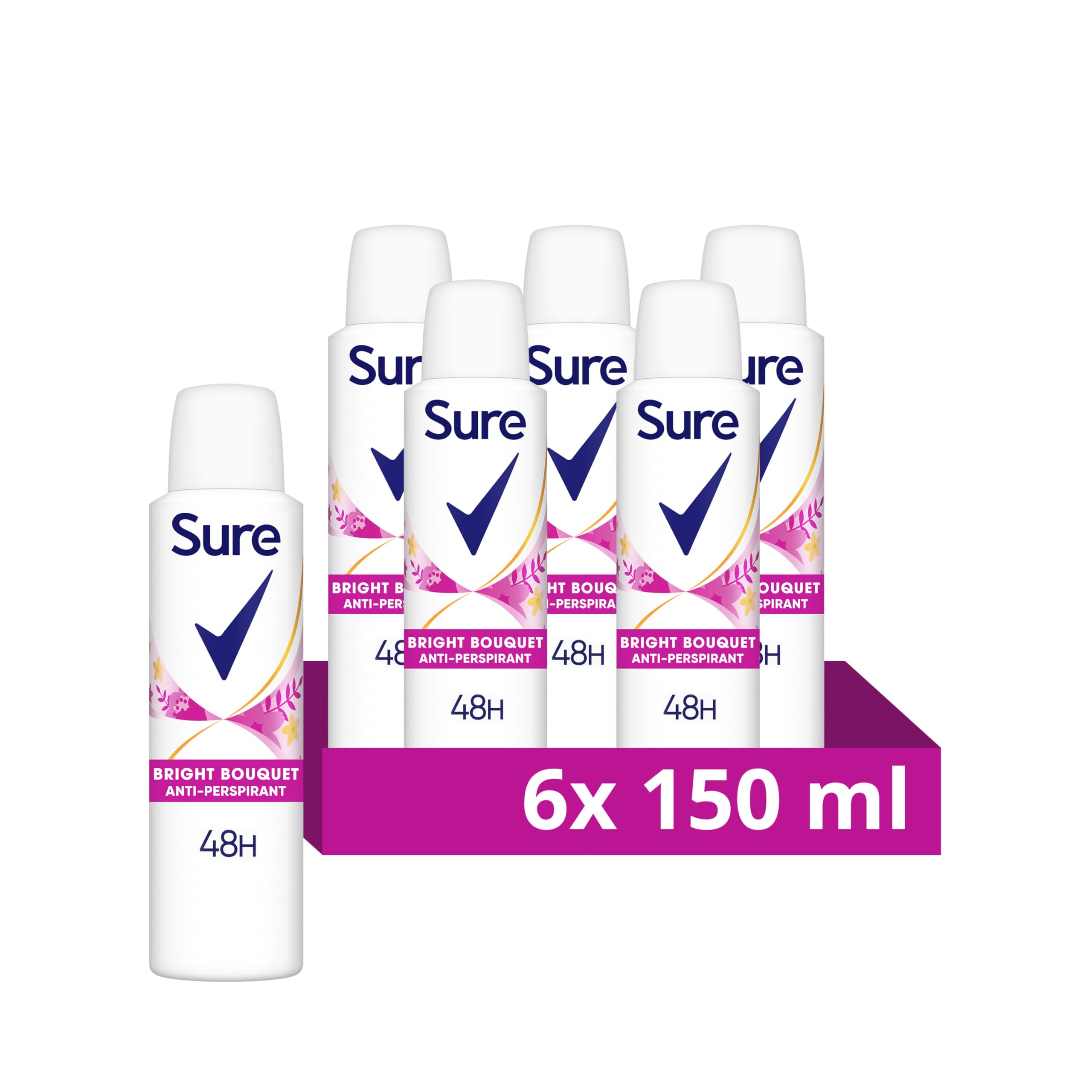 Sure Bright Bouquet Anti-perspirant Aerosol pack of 6 48h protection against sweat and odour MotionSense technology deodorant 150 ml