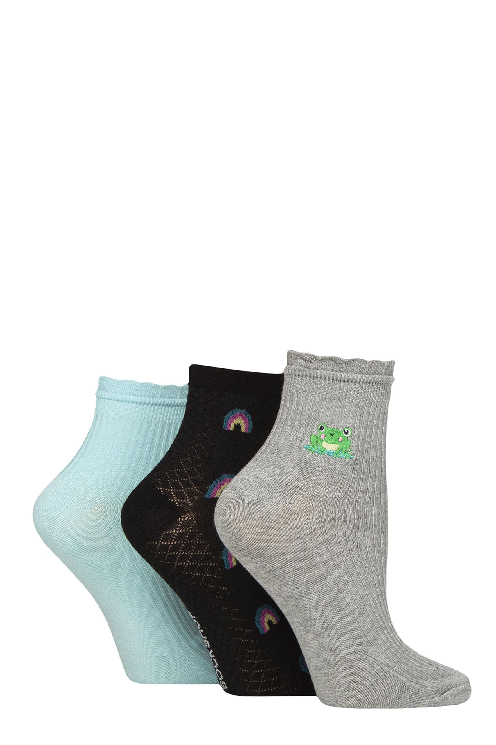 ELLE Ladies Bamboo Anklet Socks - With Frill Welt Cuff, Embroidered Motifs, Textured Weaves,Ribbed in Soft Breathable Cooling Material Multipack of 3 Pairs Size 4-8 Rainbow