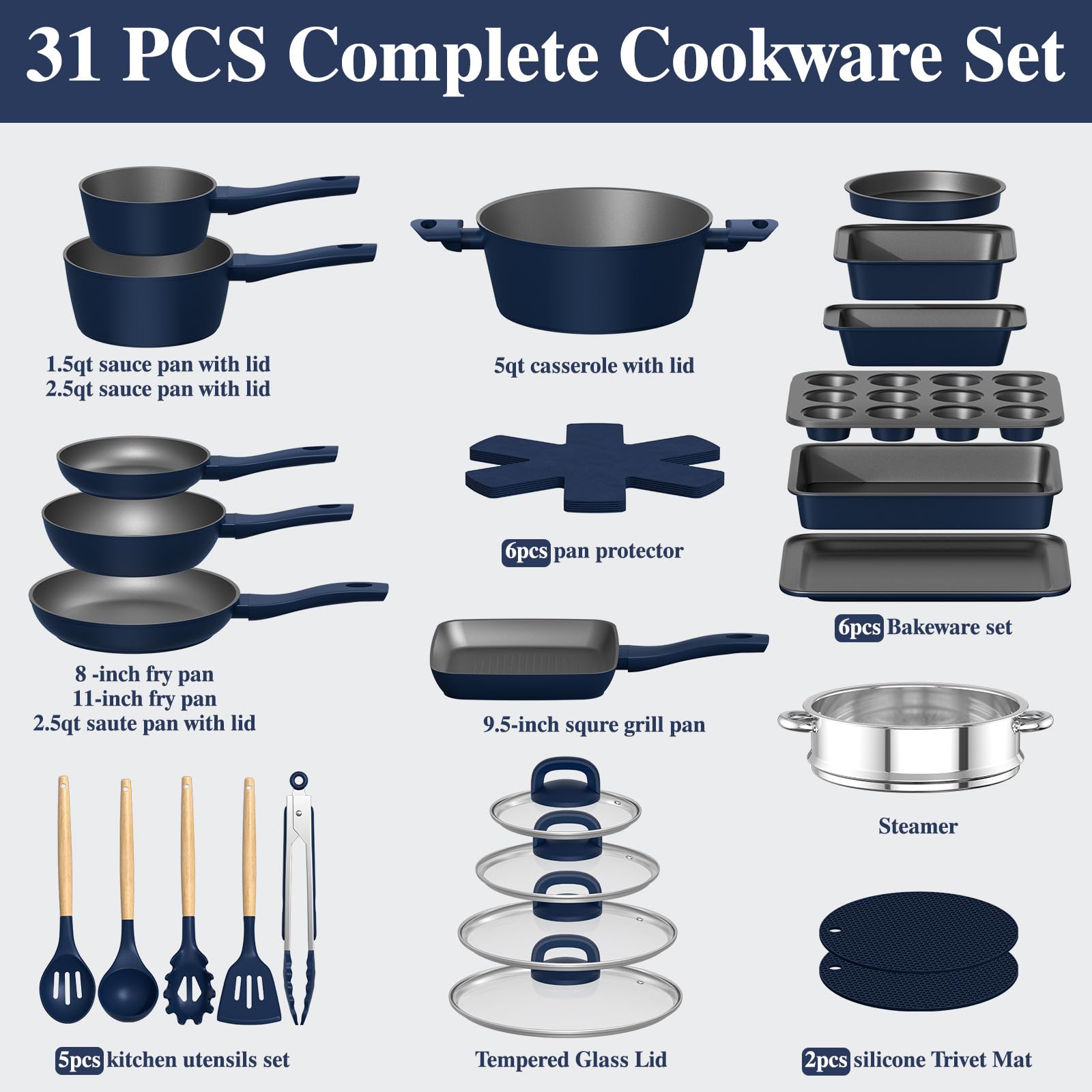 Pots and Pans Set Nonstick, Umite Chef Kitchen Non Stick Induction Cookware & Bakeware Set - 31 PCS Cooking Pans Set with Frying Pans & Utensil, Sturdy & Easy to Clean & PFOA Free (Navy Blue) view 2