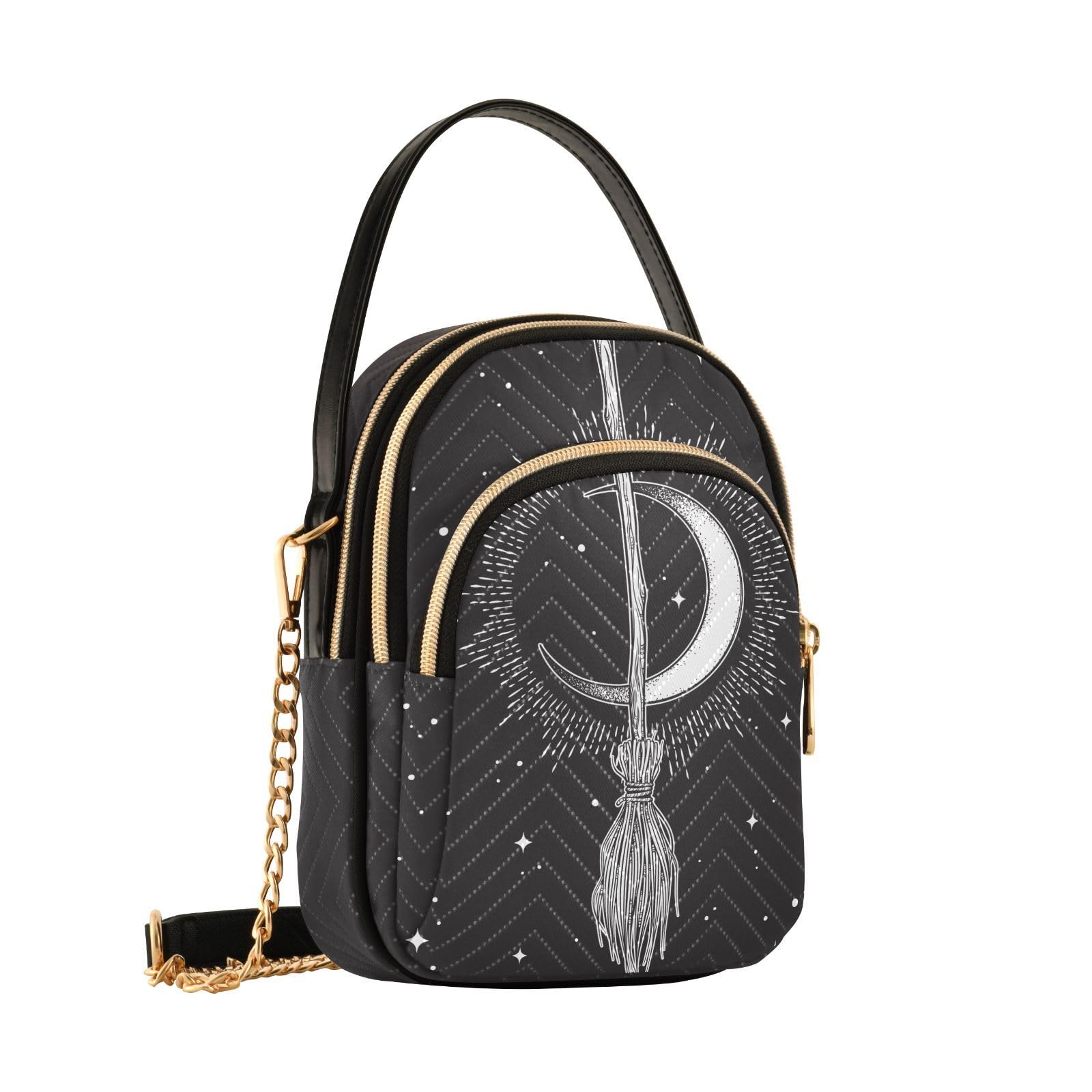 Yasala Halloween Cell Phone Purse Witch Moon Broom Magic Vehicle Crossbody Handbag Durable Shoulder Bag Sturdy Travel Pouch Compact Chic Bag for Women Everyday Use Day of The Dead Holiday Gift