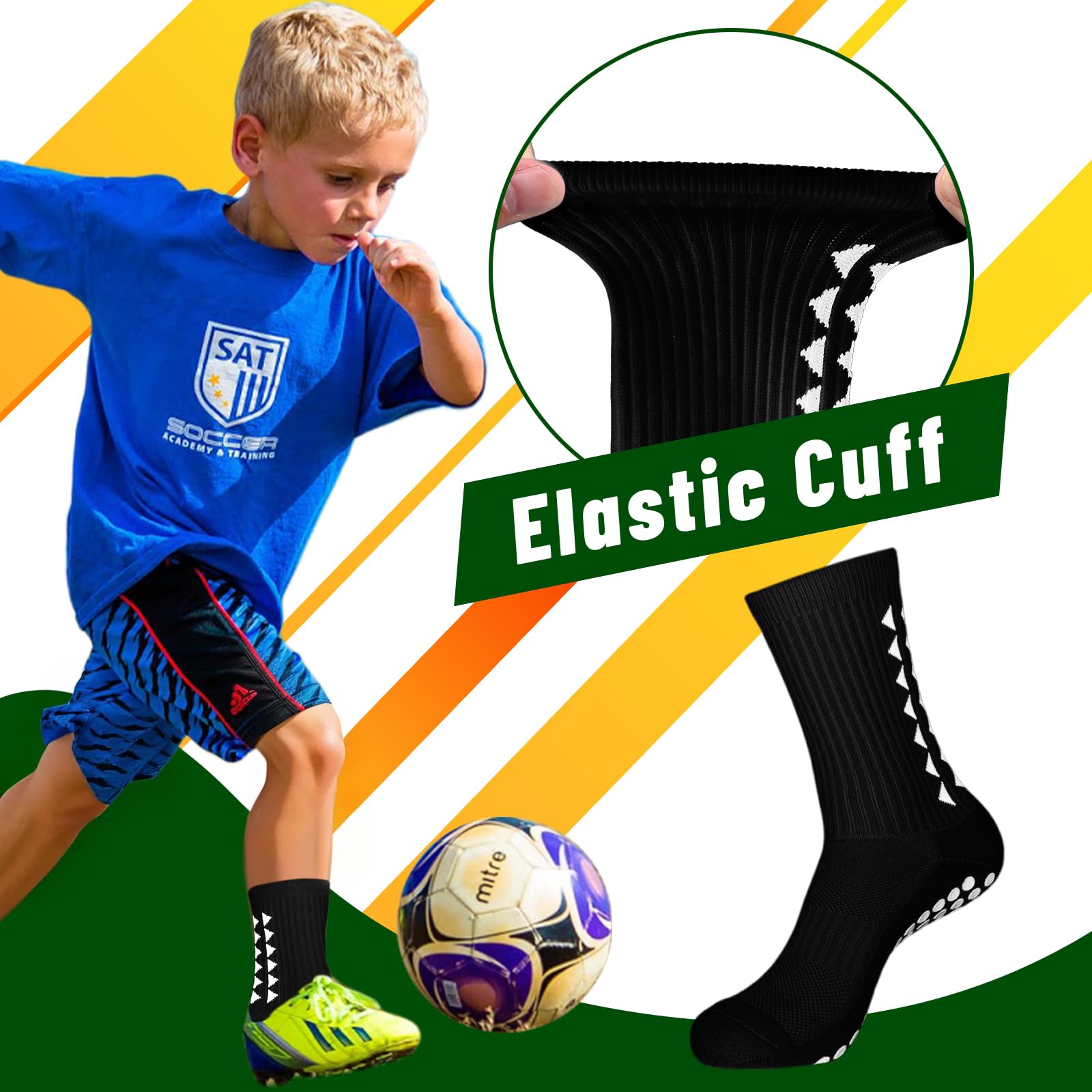 3 paia di calzini traspiranti per bambini, assorbono il sudore, calzini antiscivolo per bambini, per corsa, hockey, calcio, rugby, età 9-12 anni