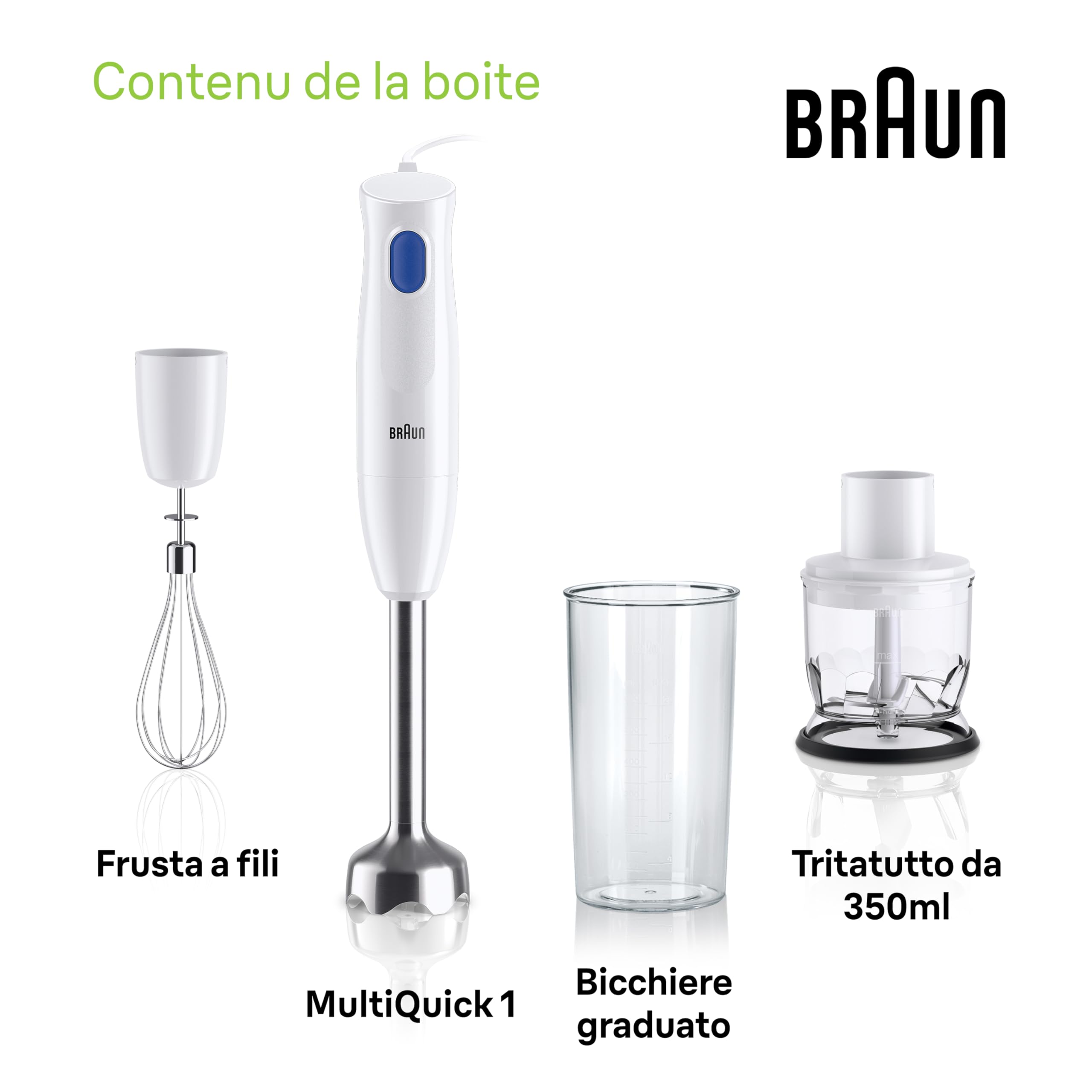 Braun MQ10.202M MultiQuick1 MINIPIMER CON 5 ANNI DI ASSISTENZA, Frullatore ad immersione extra leggero con base in acciaio inox e sistema EasyTwist, 3 ACCESSORI, 450 Watt, Bianco