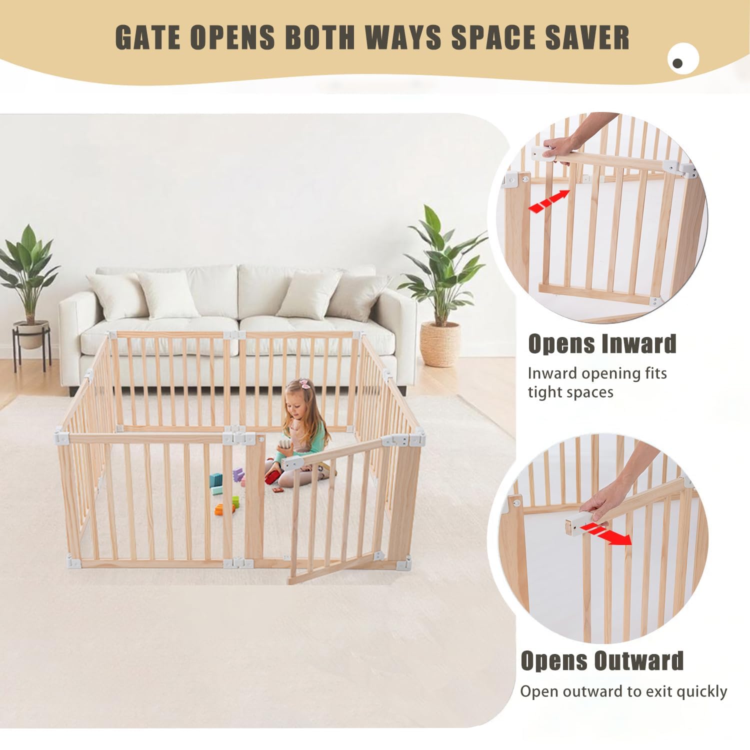 Parc bébé pliable en bois naturel 152x76 cm avec porte sécurisée et ventouses antidérapantes, parc modulable pour bébé et enfant, grande aire de jeu stable pour maison