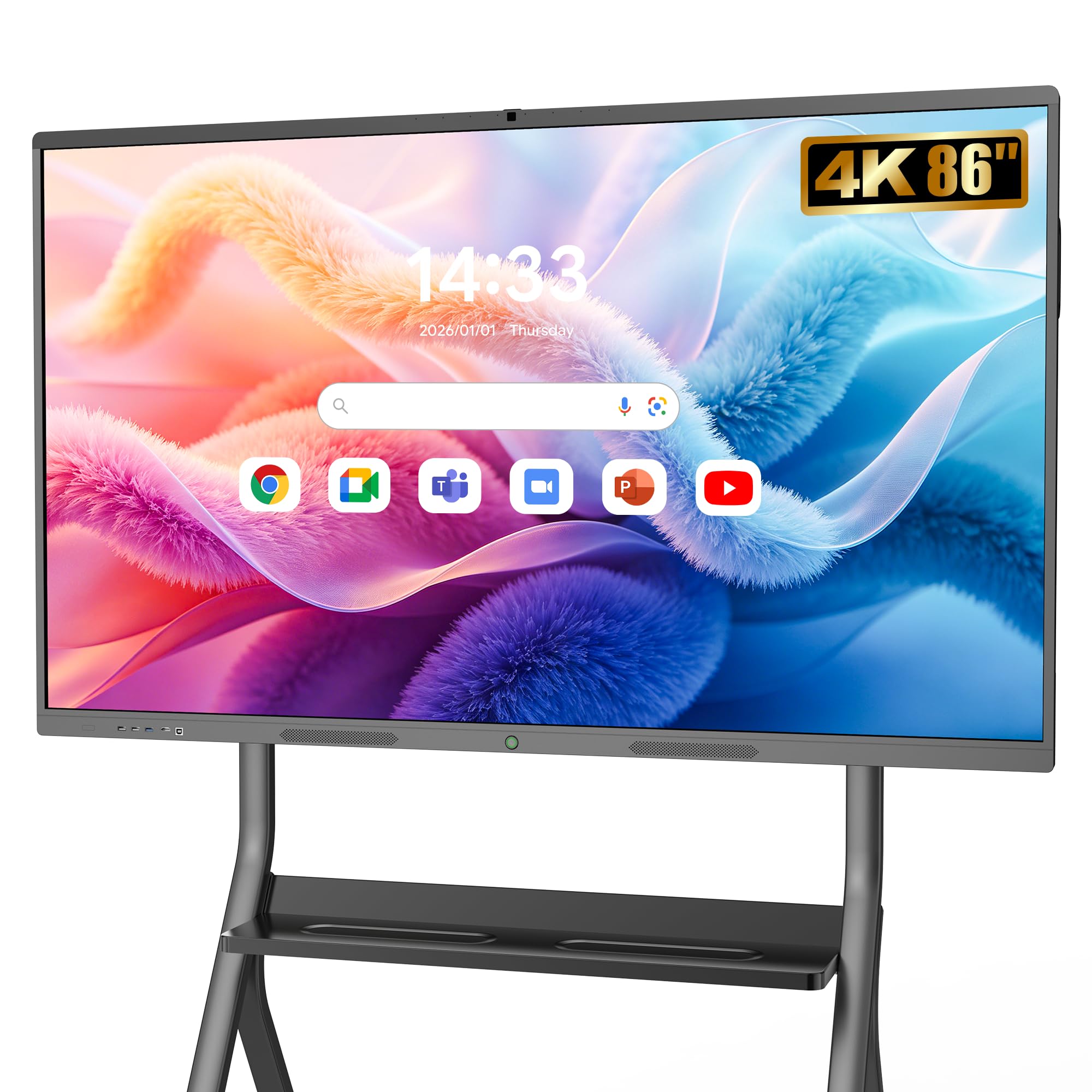 86" Écran Interactif 4K UHD, Intelligent Tableau Blanc Interactifavec Caméra et Micro, Android 8Go+128Go, WiFi/Bluetooth/HDMI, Tableau Numérique pour Classe et Bureau, Écran et Support Mural