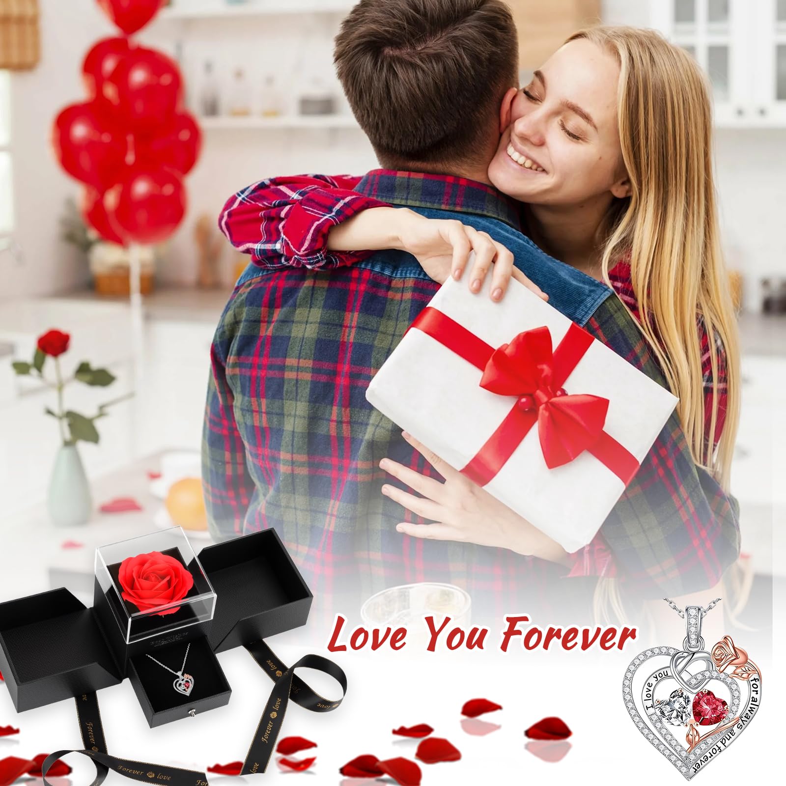 Rosa Eterna con Collana Cuore, Regalo San Valentino per Lei, Rose Stabilizzata per San Valentino Festa della Mamma Anniversario Compleanno & Natale, Idee Regalo Donna Mamma Fidanzata Moglie