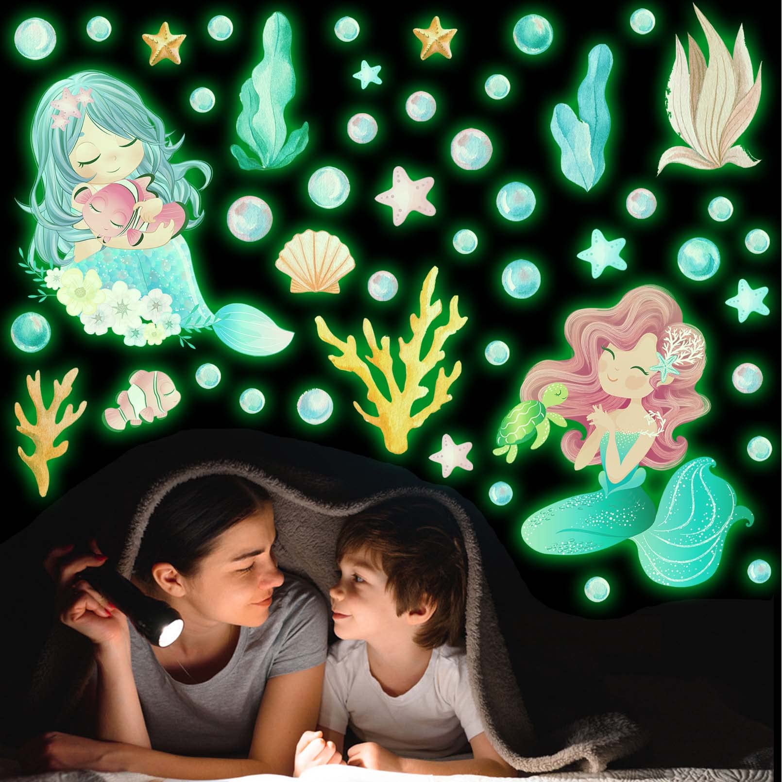 Wandsticker Kinderzimmer Mädchen, Meerjungfrau Wandtattoo Mädchenzimmer, Leuchtender Wandaufkleber Meer Fische, Unterwasserwelt Leuchtsticker Selbstklebend, Meerestiere Leuchtaufkleber Schlafzimmer